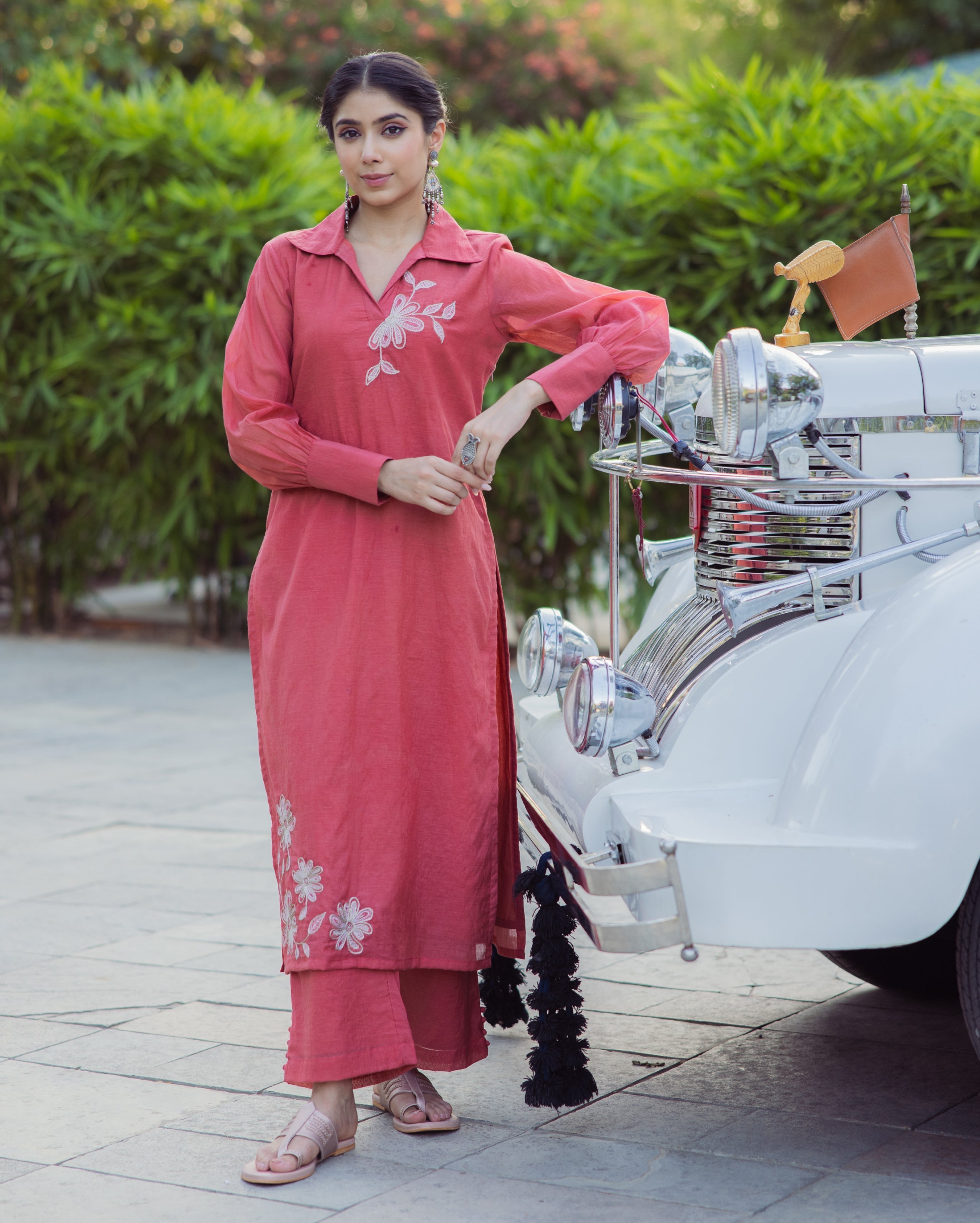 Tool Red Embroidered Chanderi Kurta Set