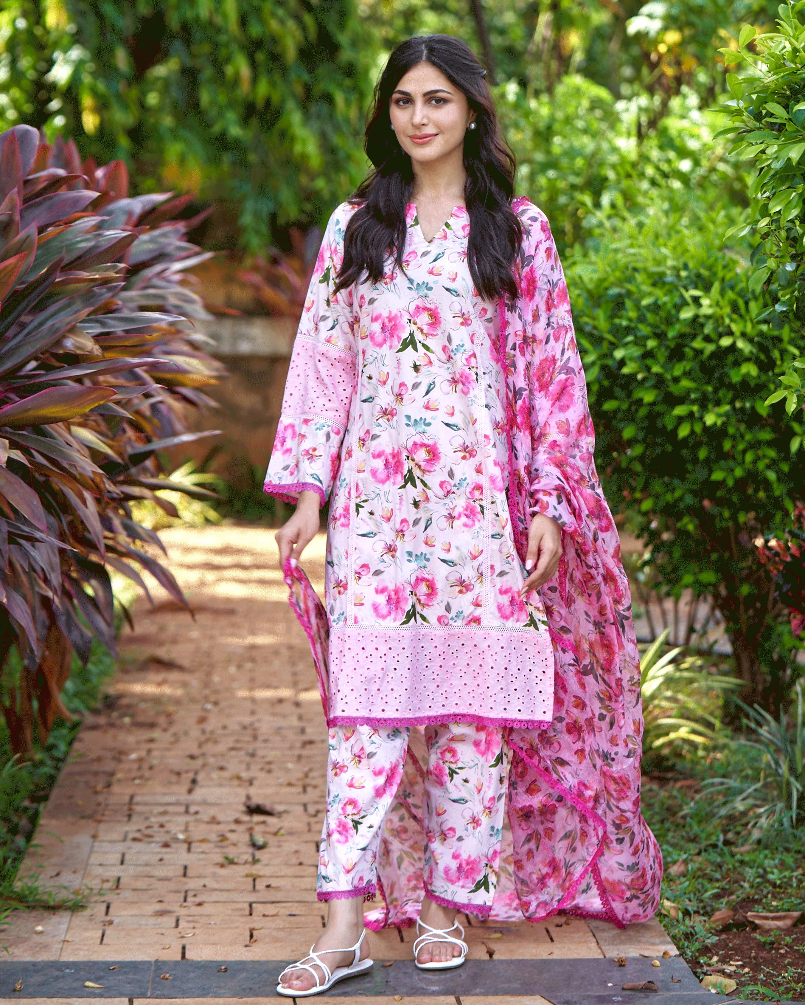 Plumeria Pink Printed Cotton Suit Set