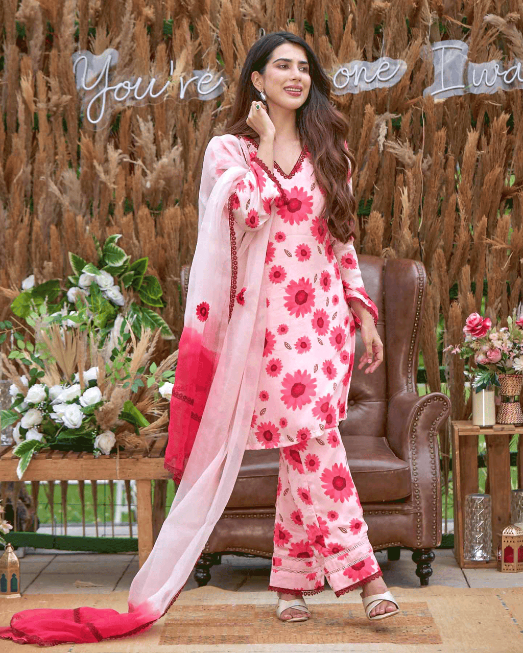 Nysa Pink Printed Silk Suit Set