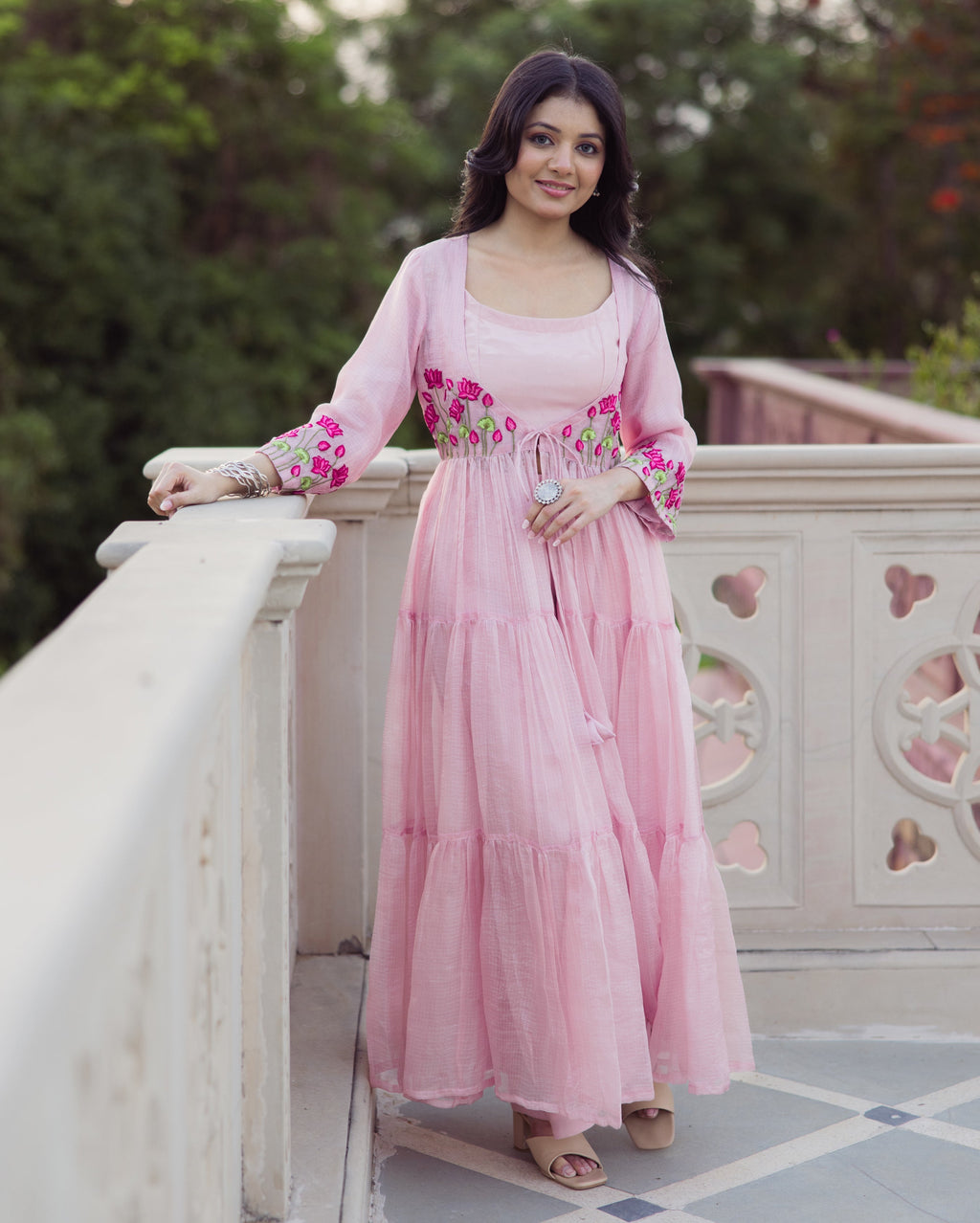 Flowy Pink Embroidered Doria Coord Set