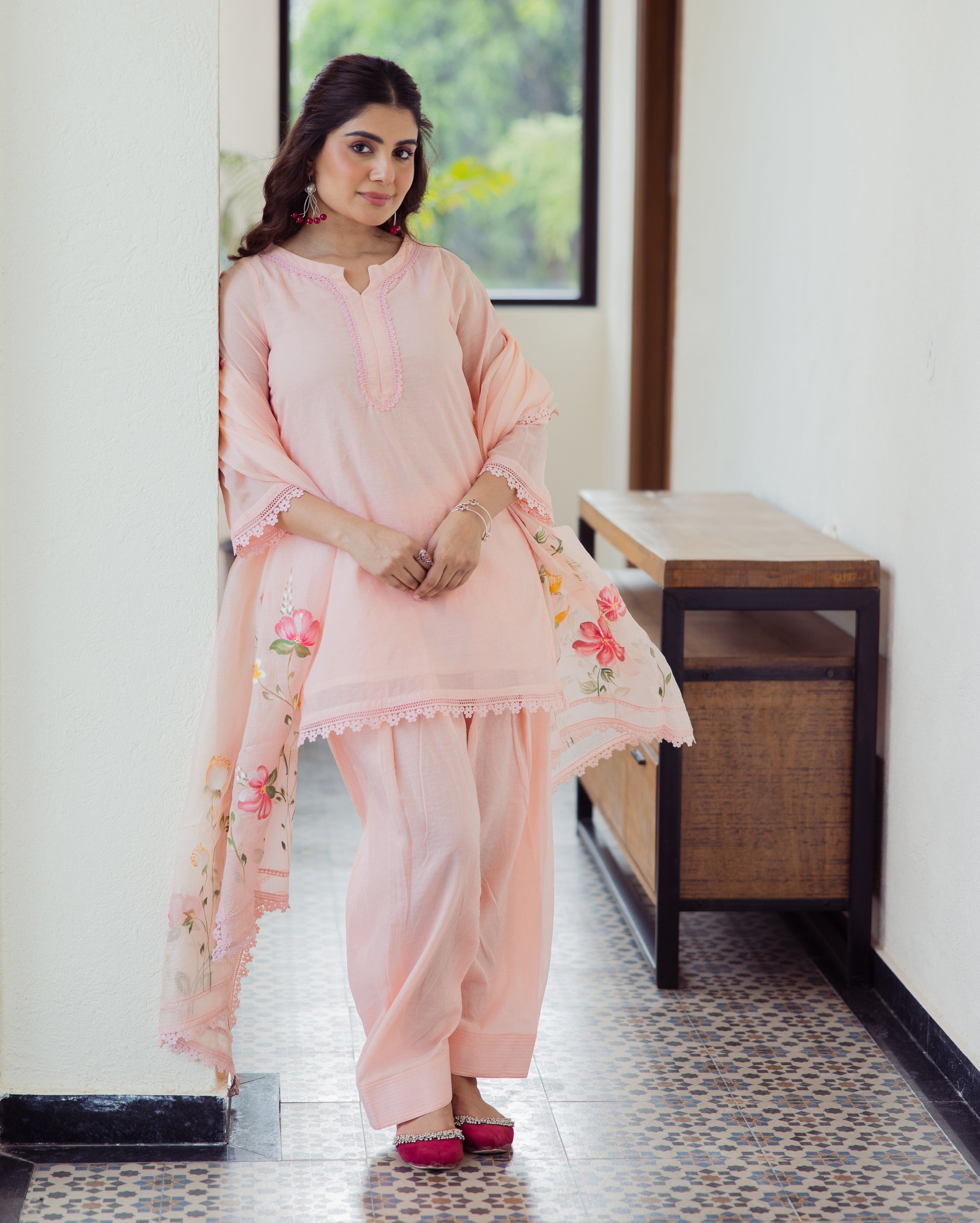 Milky Peach Handpainted Cotton Suit Set