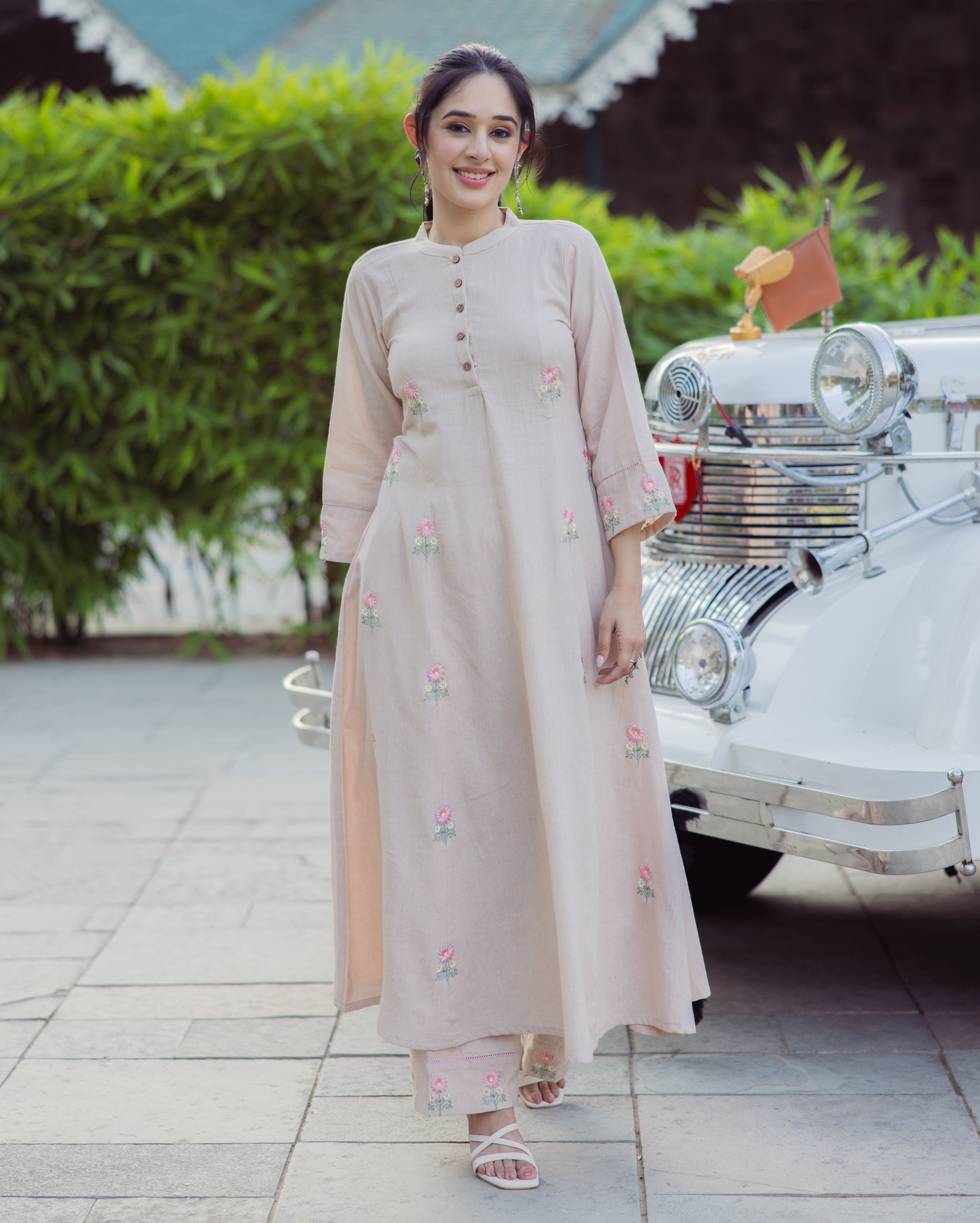 Stick Beige Embroidered Flex Kurta Set