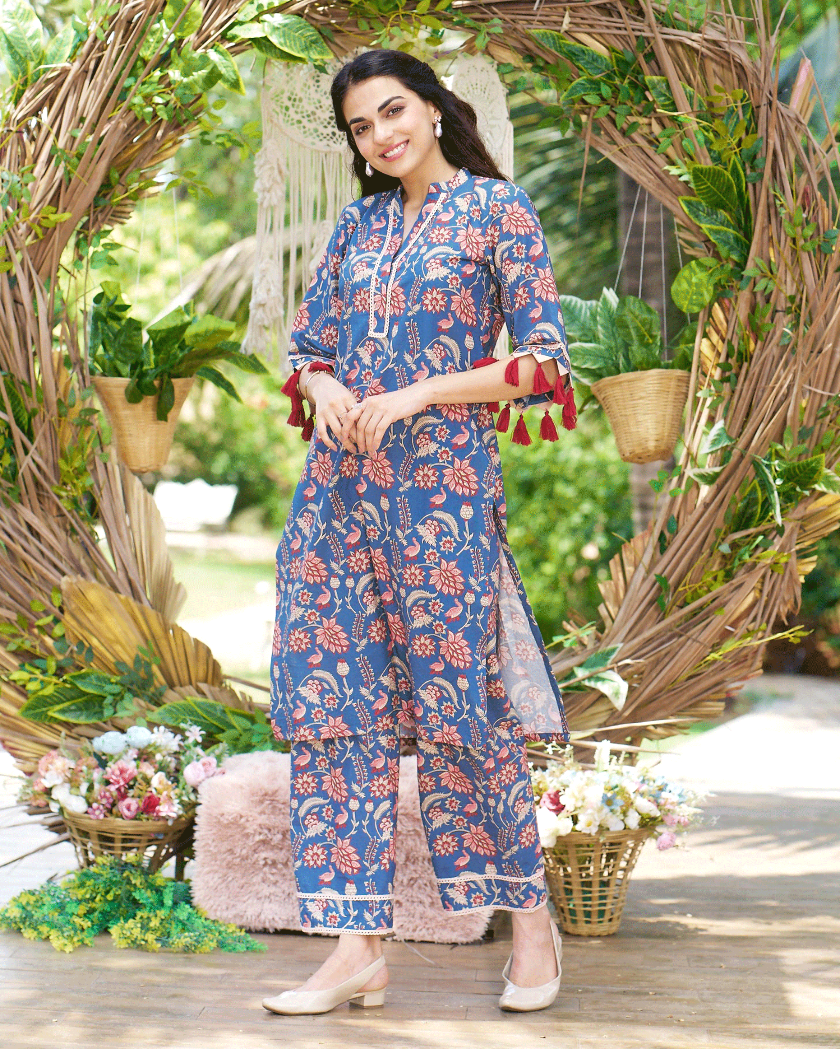 Kayra Blue Printed Cotton Kurta Set