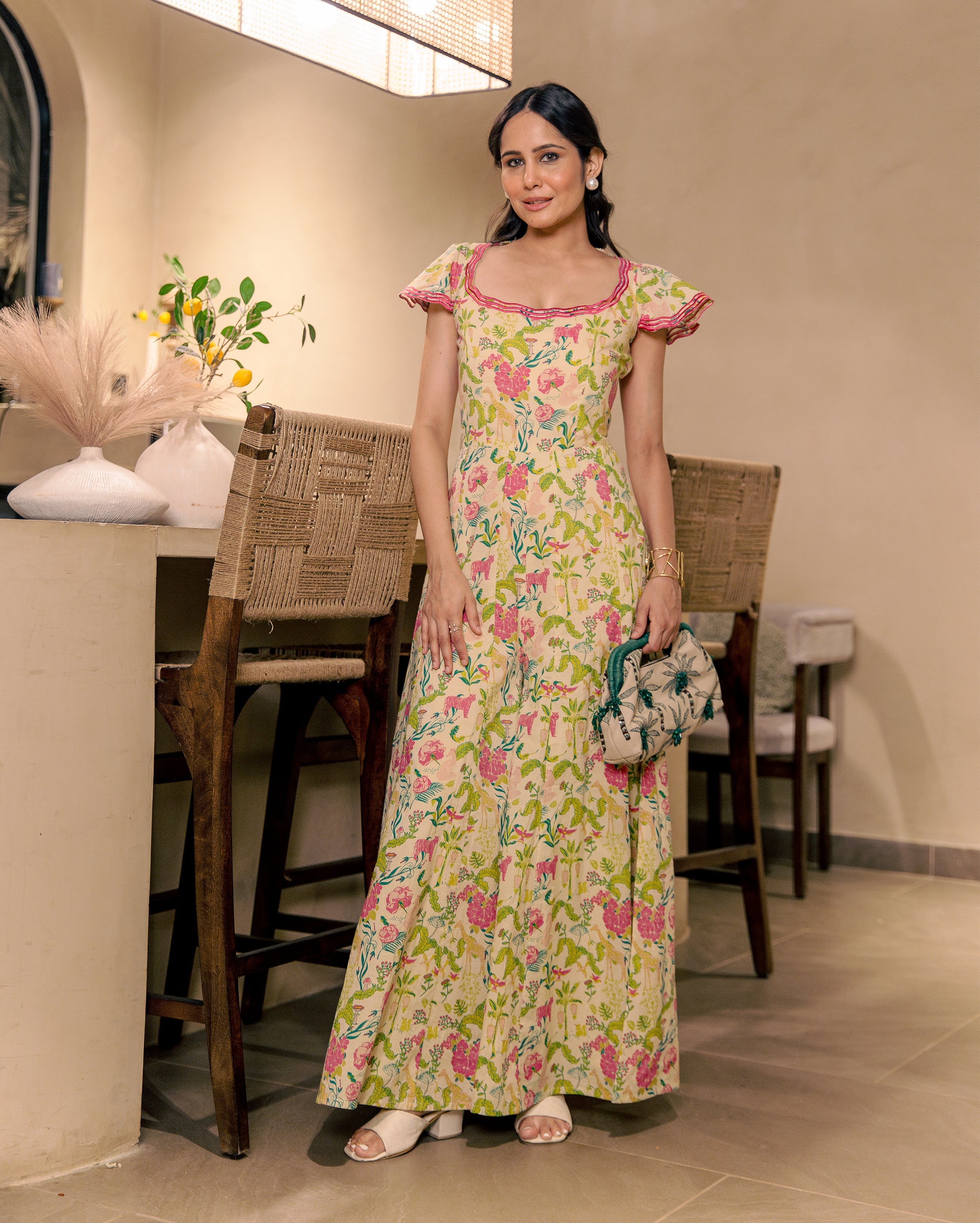 Amante Cream Cotton Printed Jumpsuit