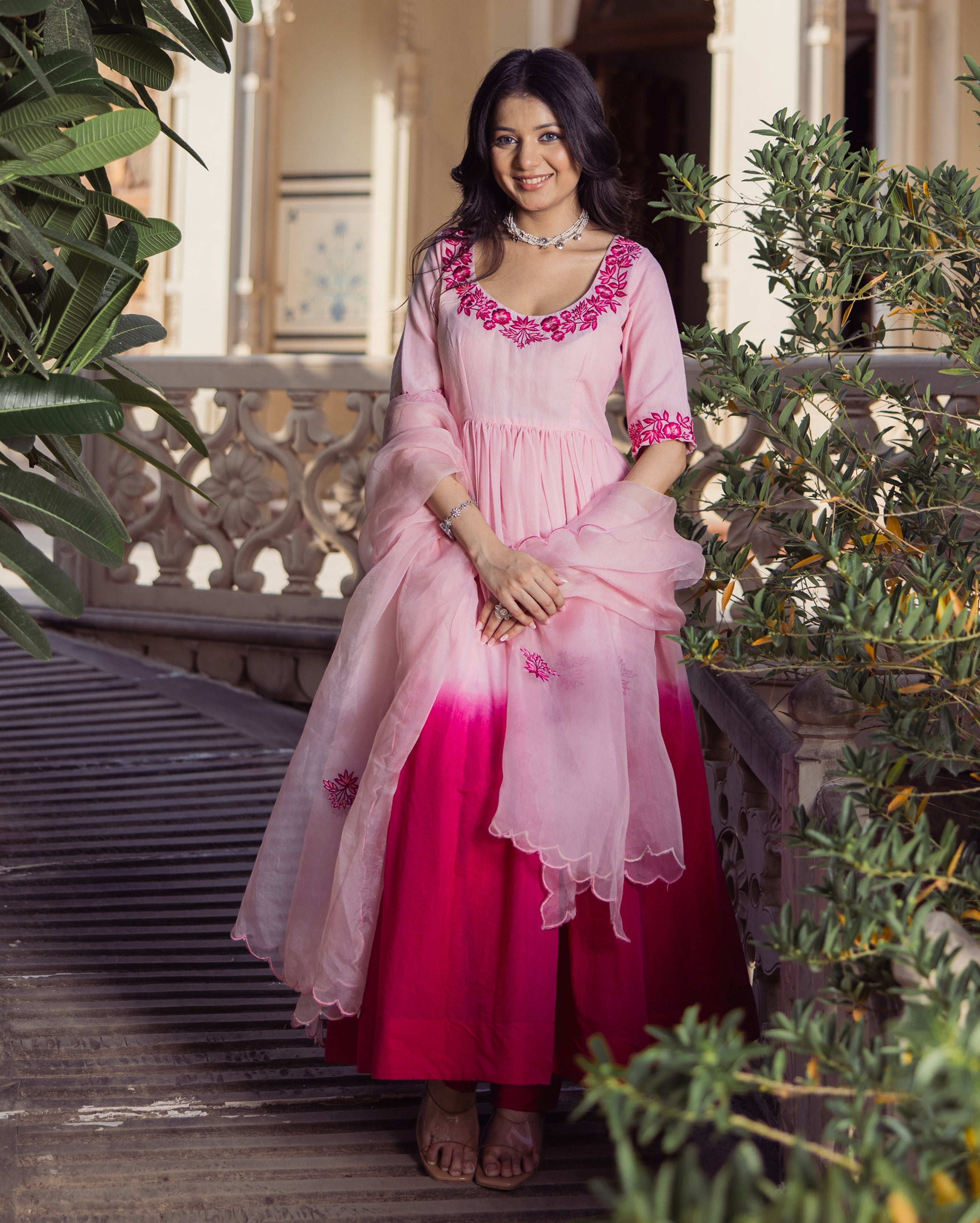 Sweetheart Pink Ombre Embroidered Chanderi Suit Set