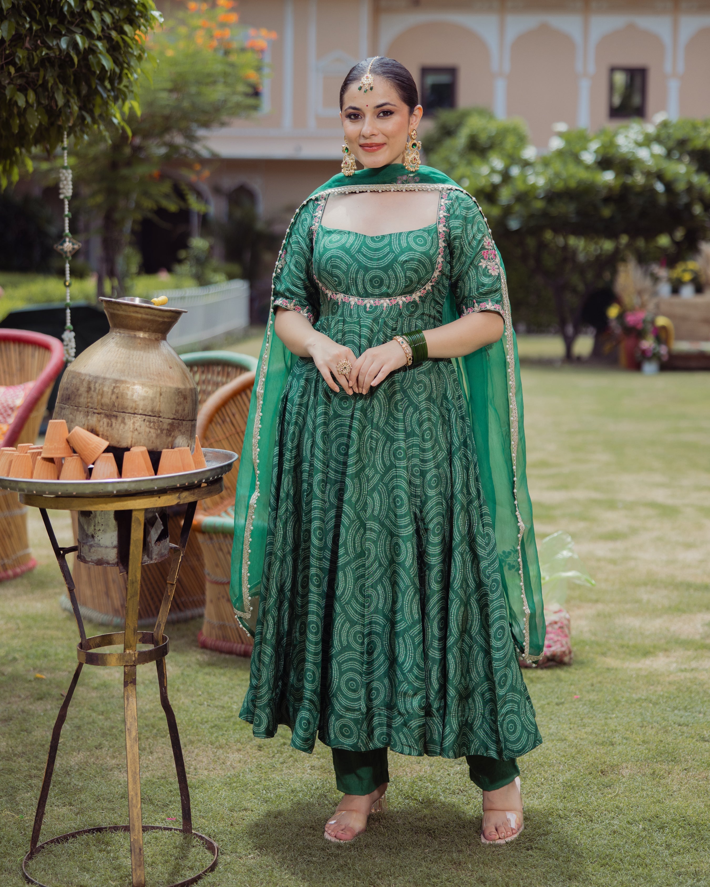 Veer Dark Green Bandhani Chanderi Suit Set