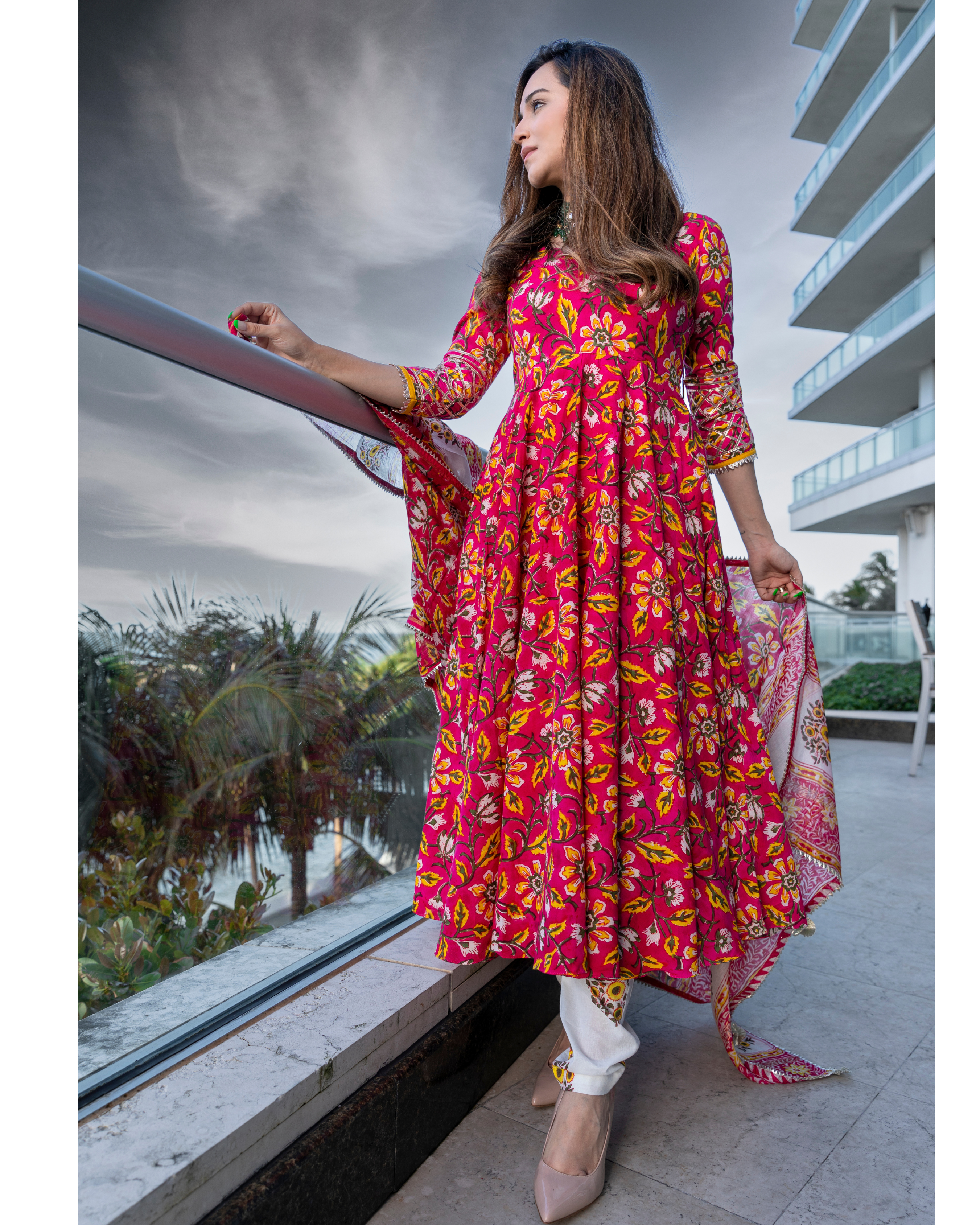 Pink Sunset Handblock Gota Suit Set
