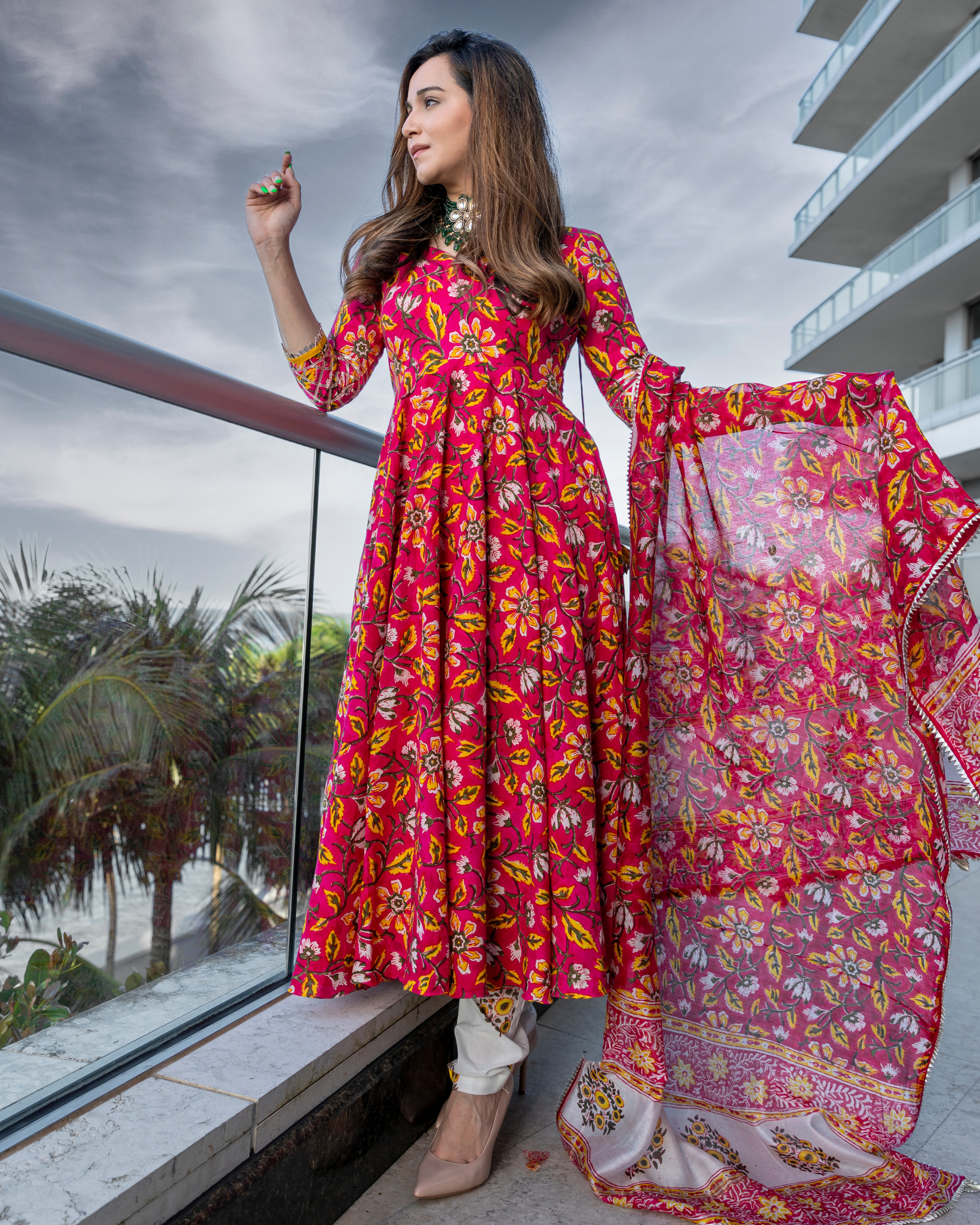 Pink Sunset Handblock Gota Suit Set