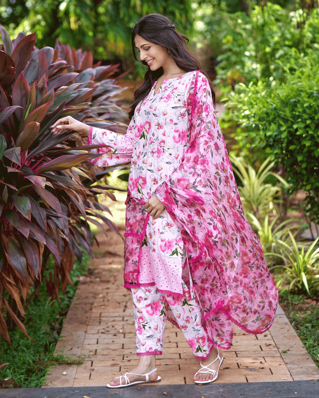 Plumeria Pink Printed Cotton Suit Set