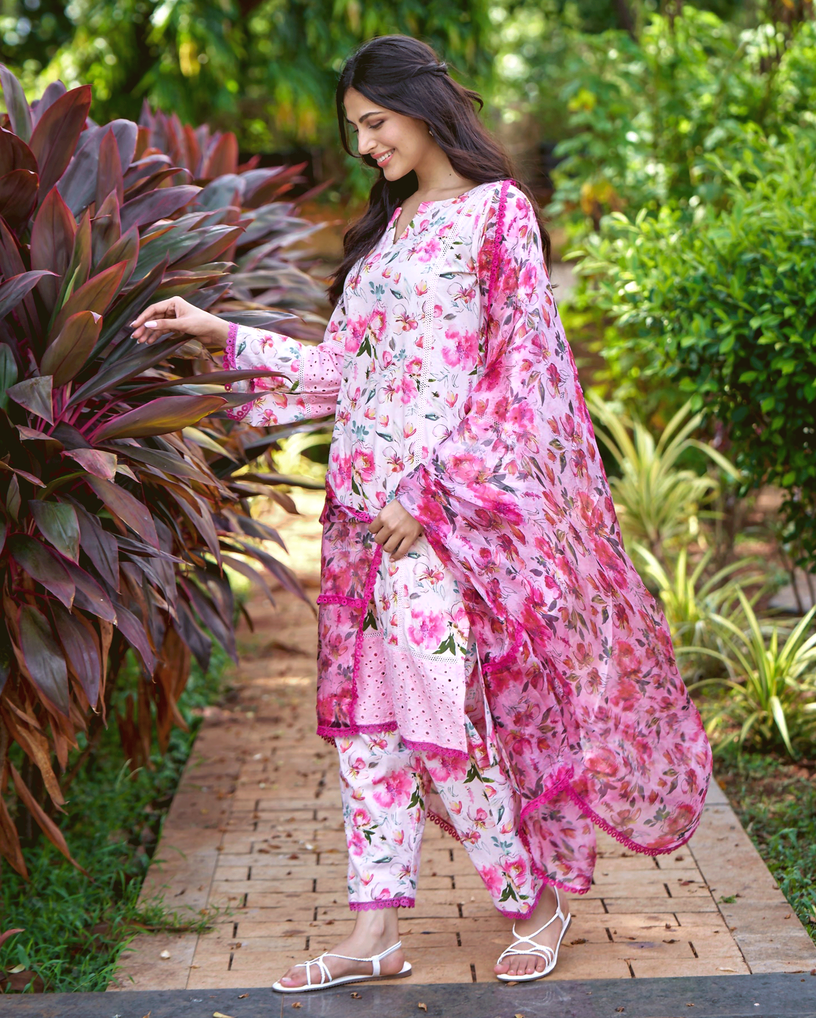 Plumeria Pink Printed Cotton Suit Set