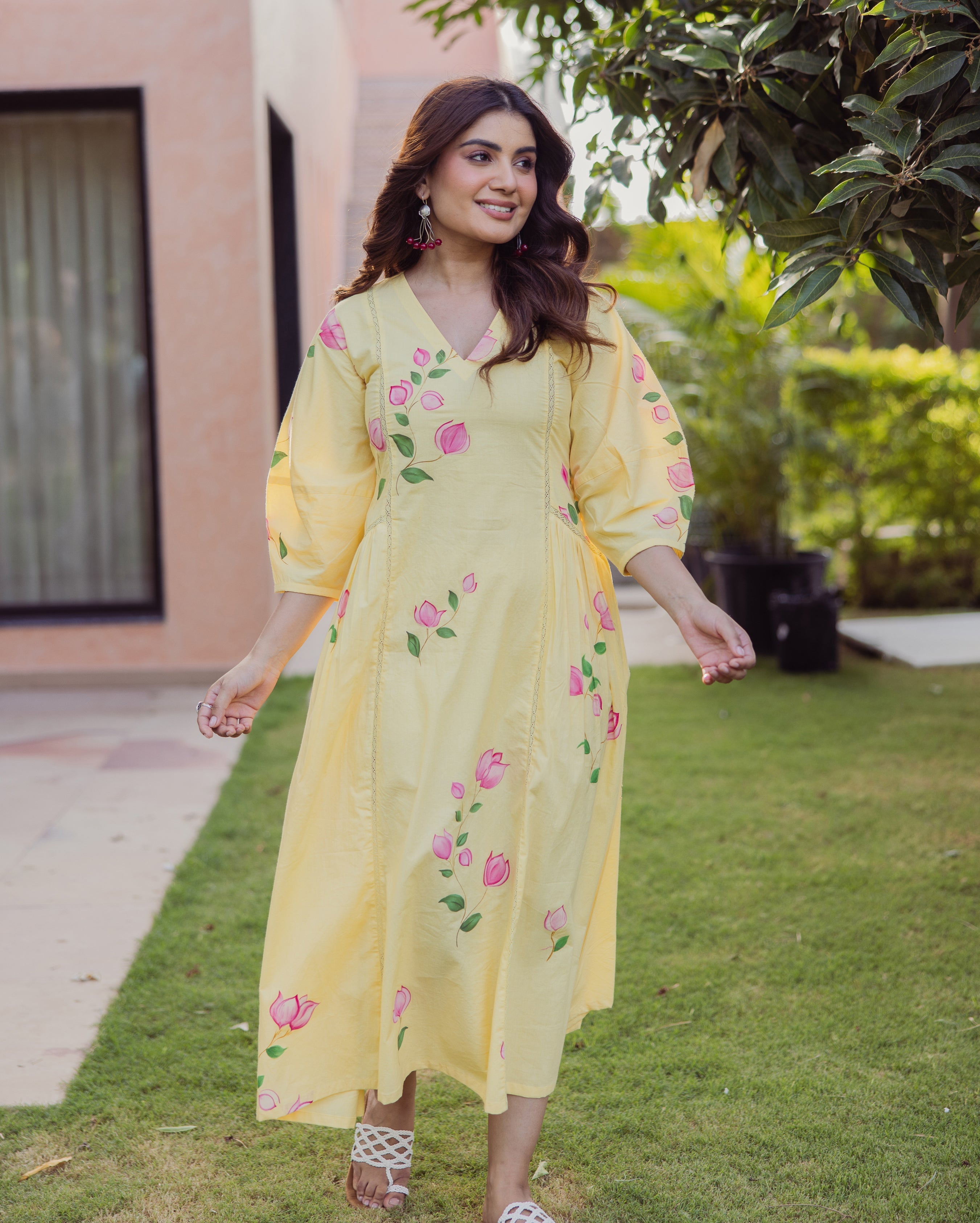 Kara Bloom Yellow Handpainted Cotton Dress