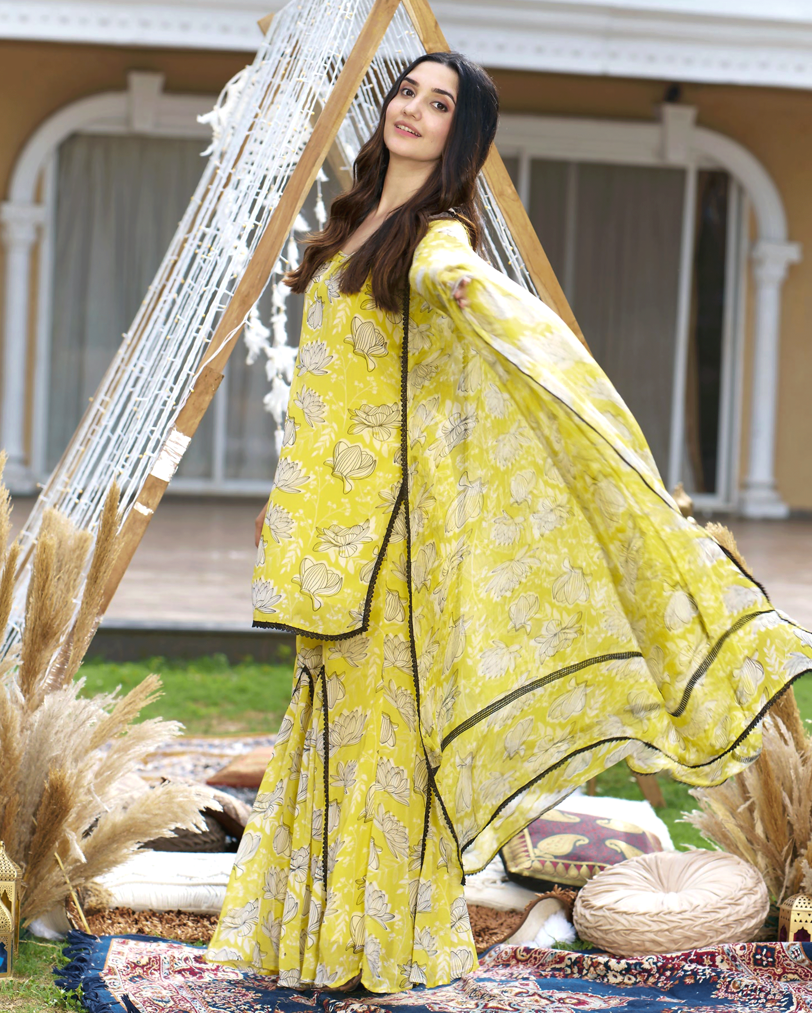 Emin Yellow Printed Georgette Sharara Set