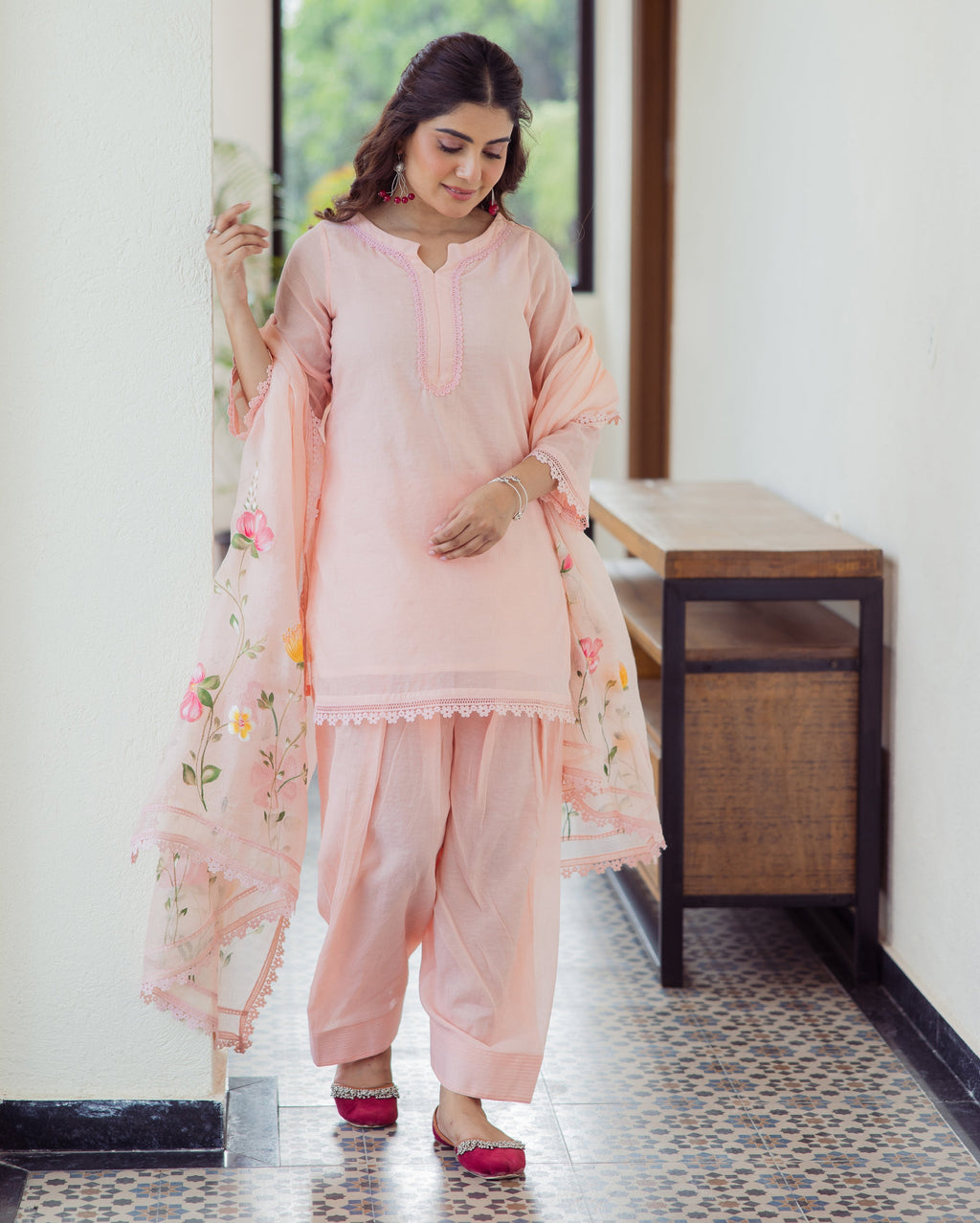 Milky Peach Handpainted Cotton Suit Set