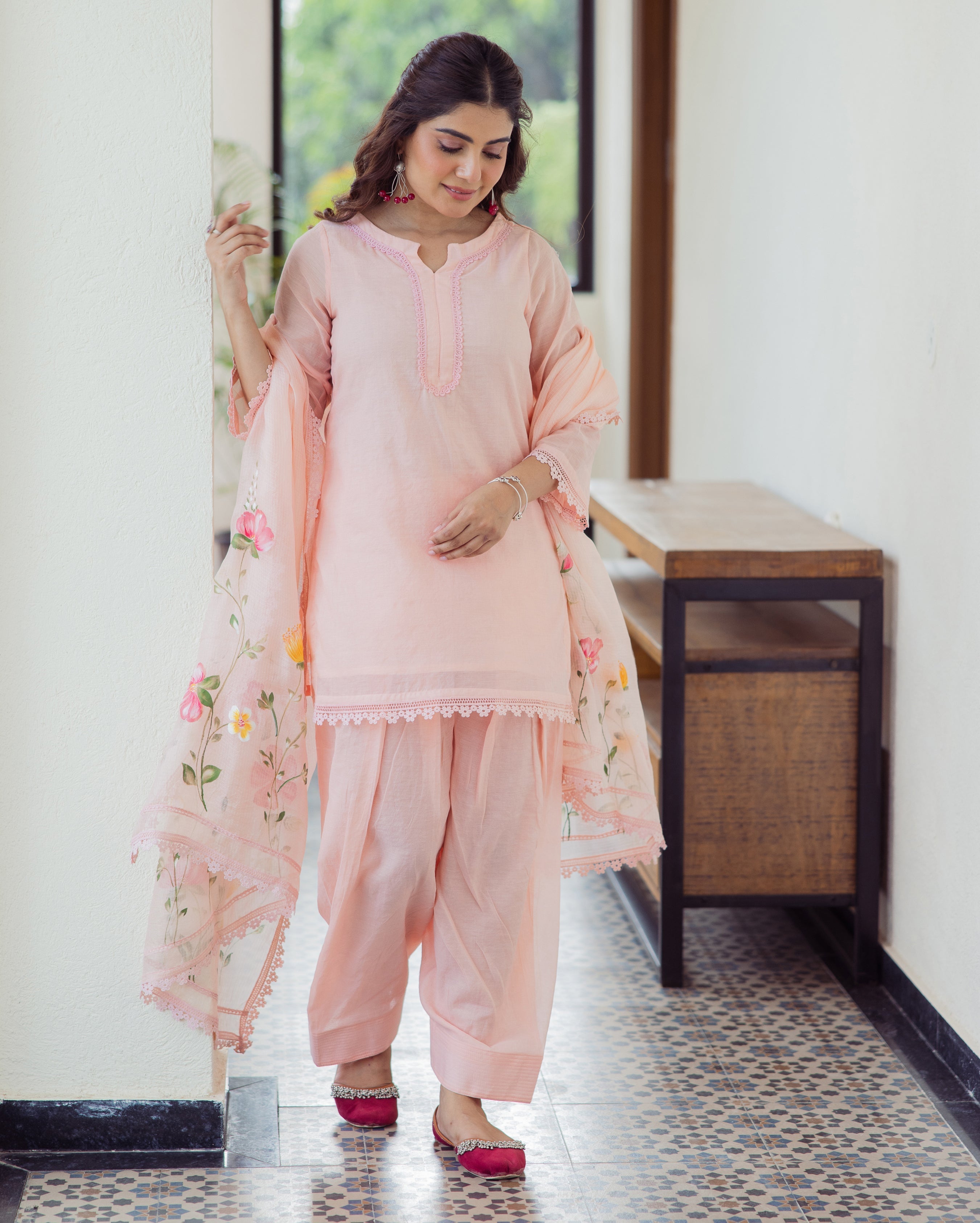 Milky Peach Handpainted Cotton Suit Set