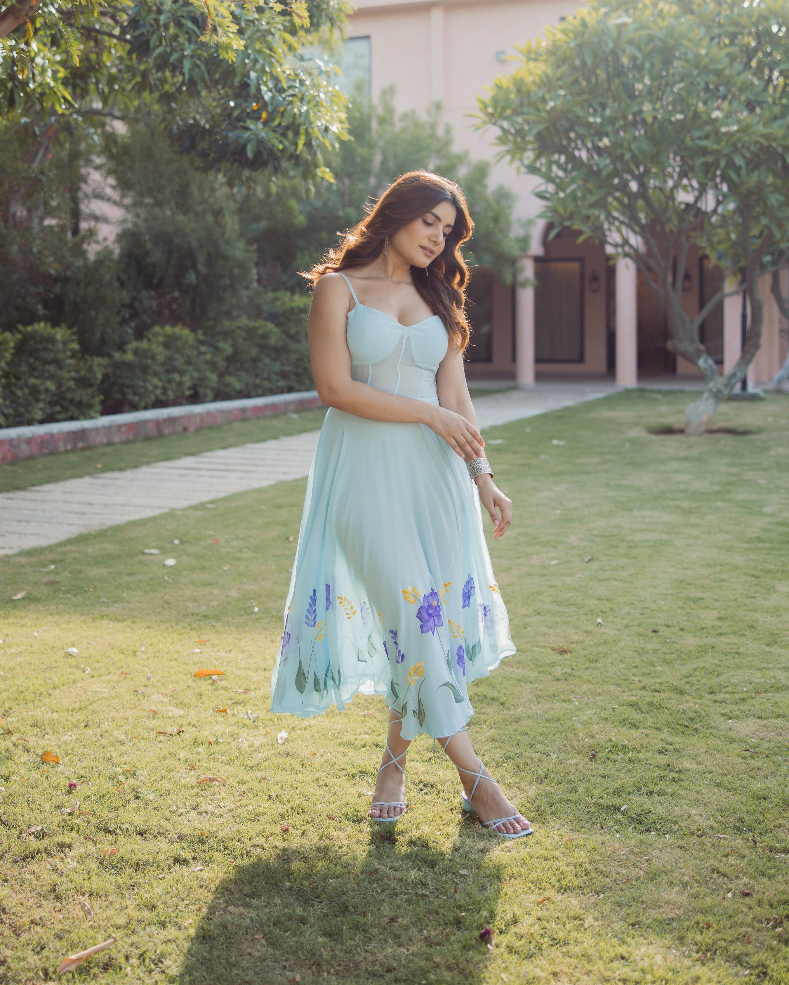 Petal Strokes Blue Handpainted Georgette Dress