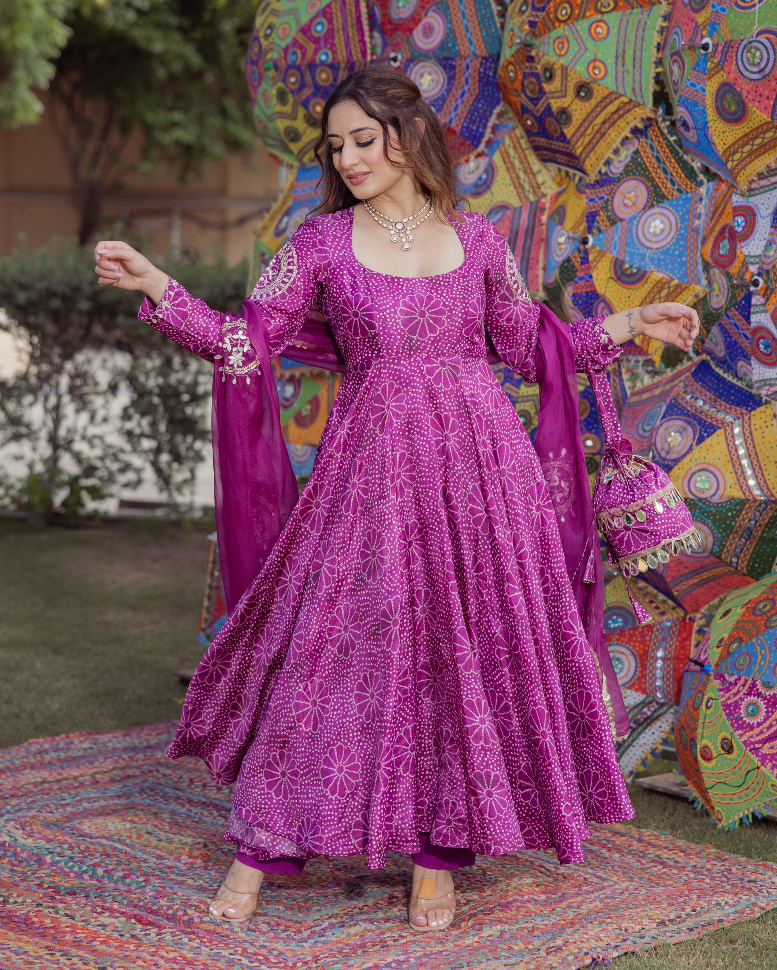 Shraddha Magenta Bandhani Chanderi Suit Set