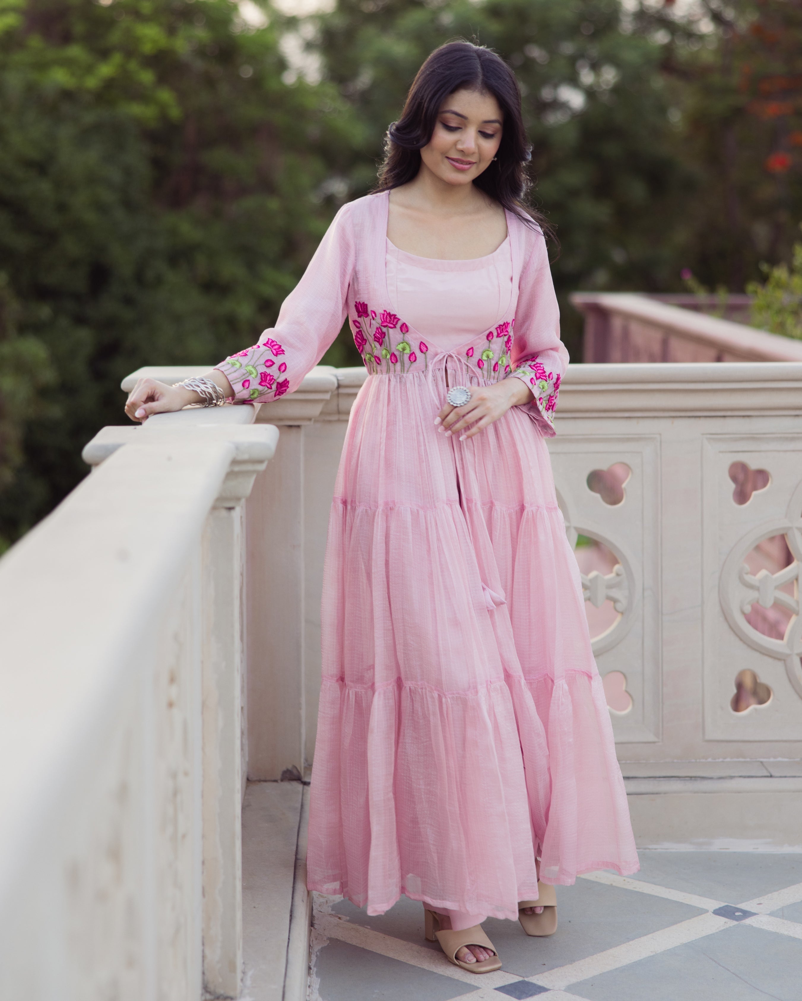 Flowy Pink Embroidered Doria Coord Set