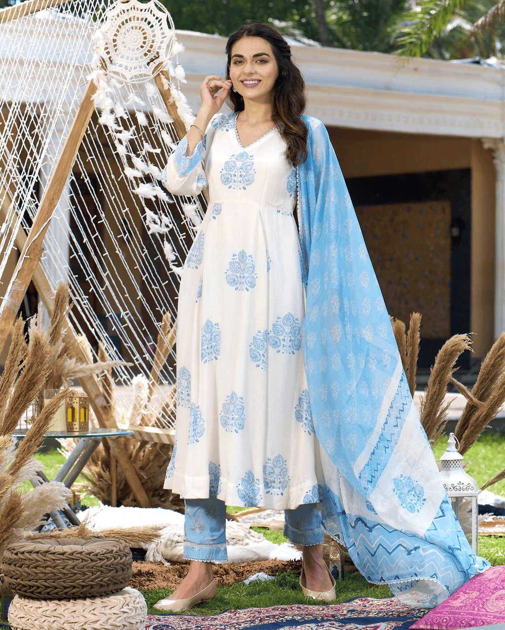 Rudra White Printed Silk Suit Set