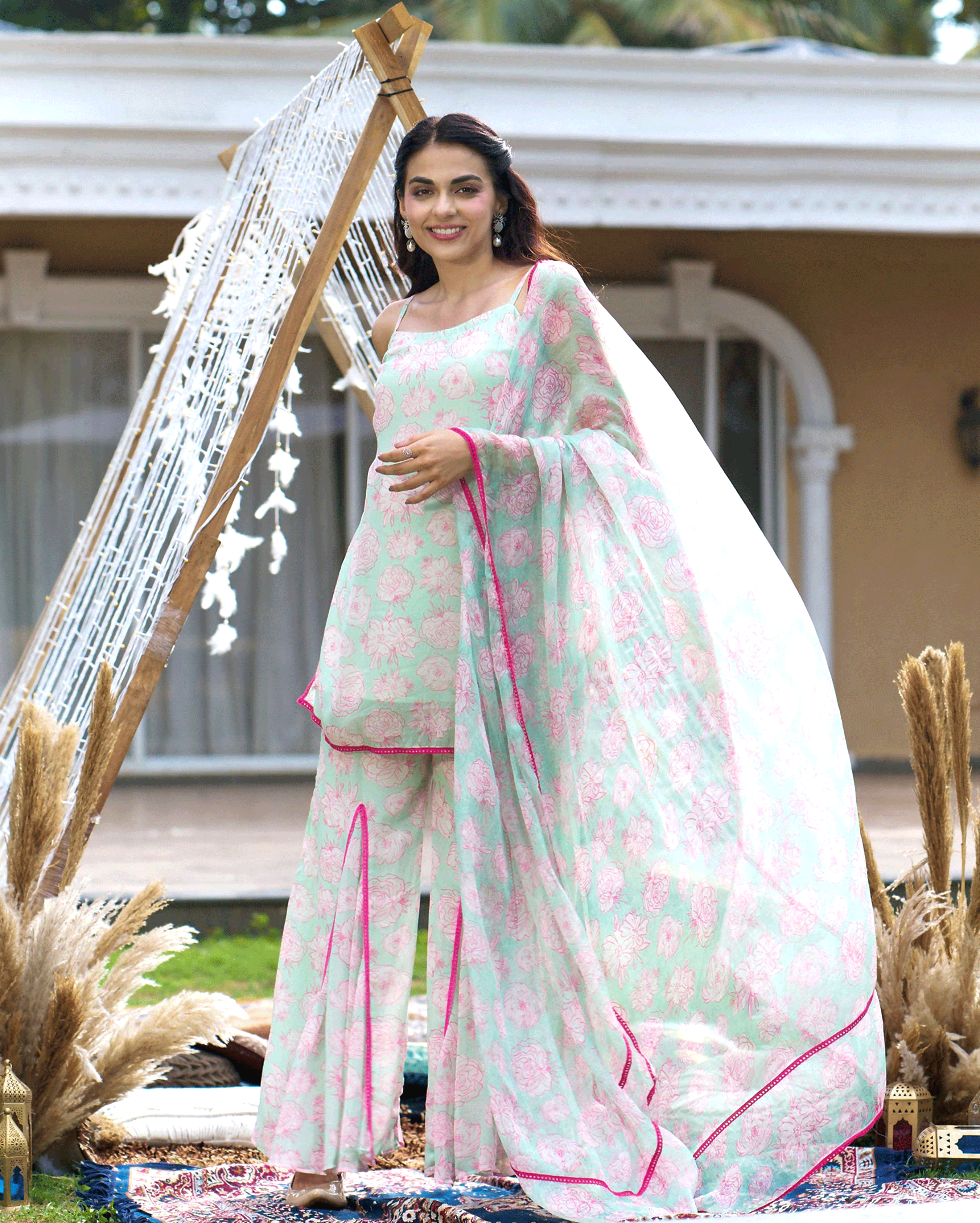 Kinaaz Sea Green Printed Georgette Sharara Set