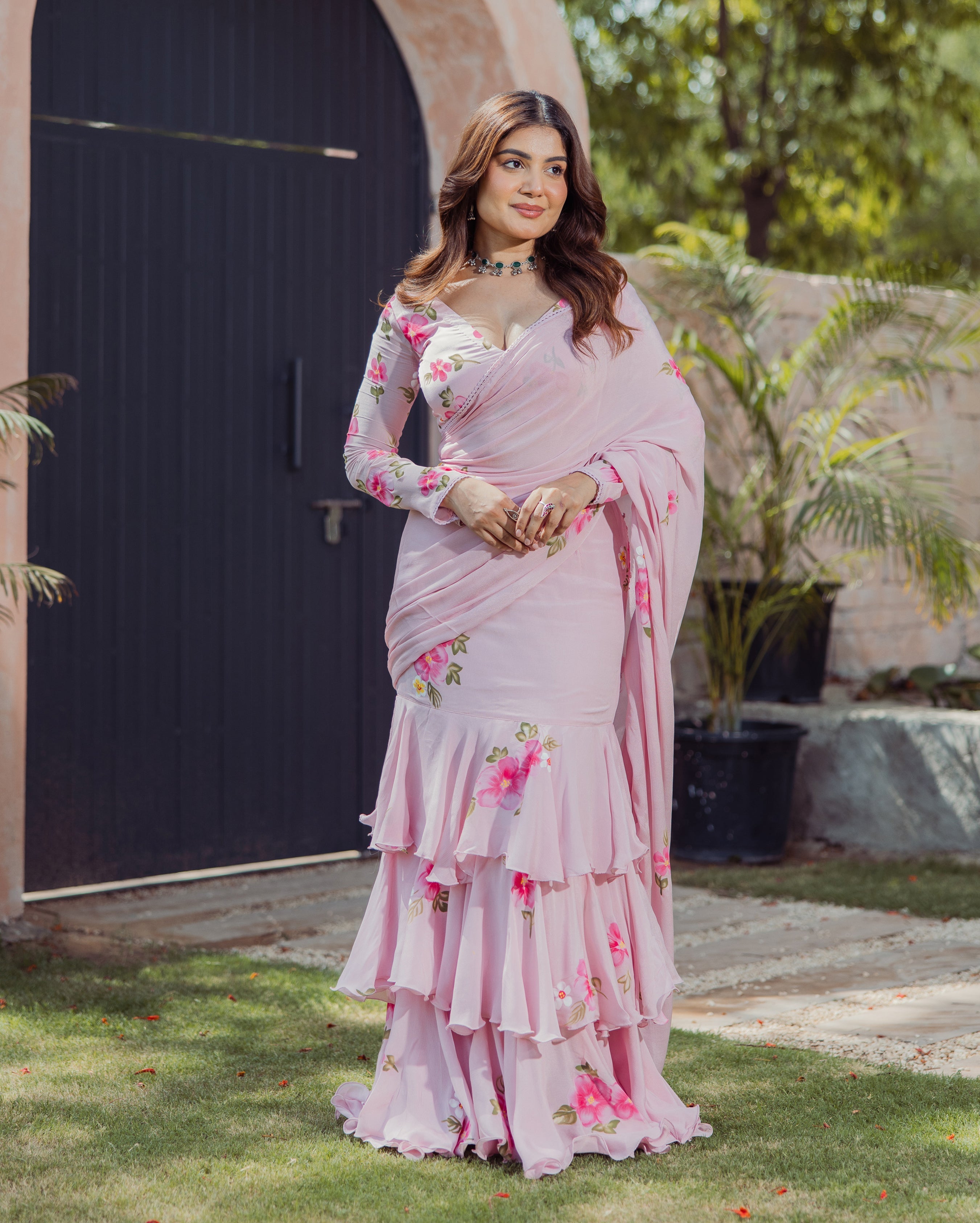 Bloom Pink Handpainted Chinon Pre draped Saree