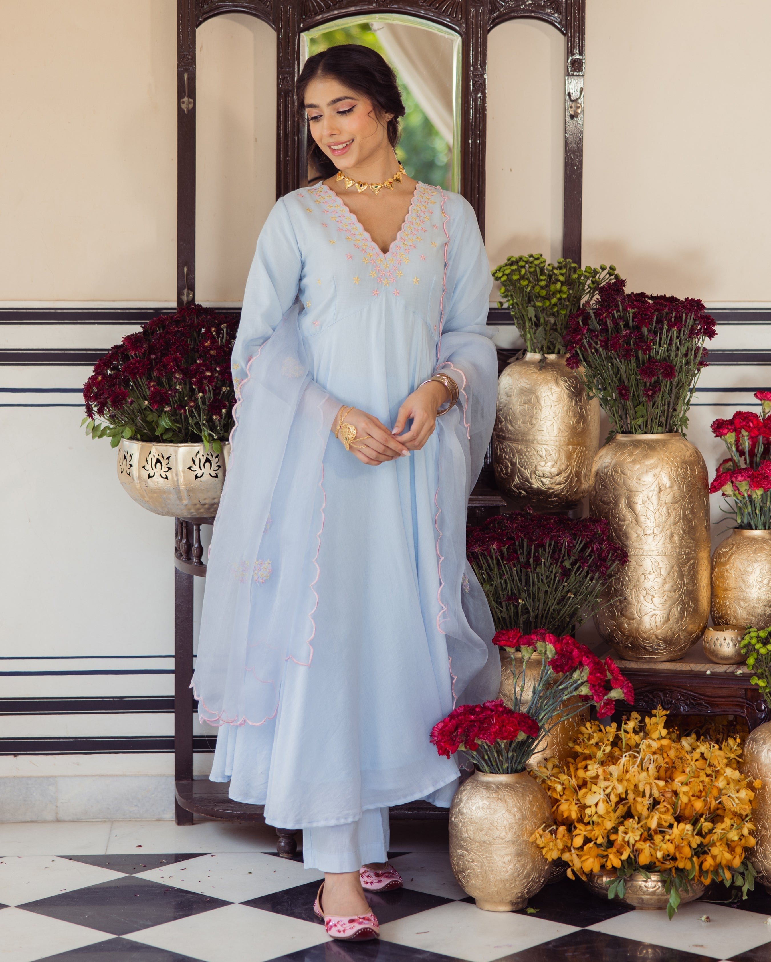 Star Blue Embroidered Cotton Suit Set