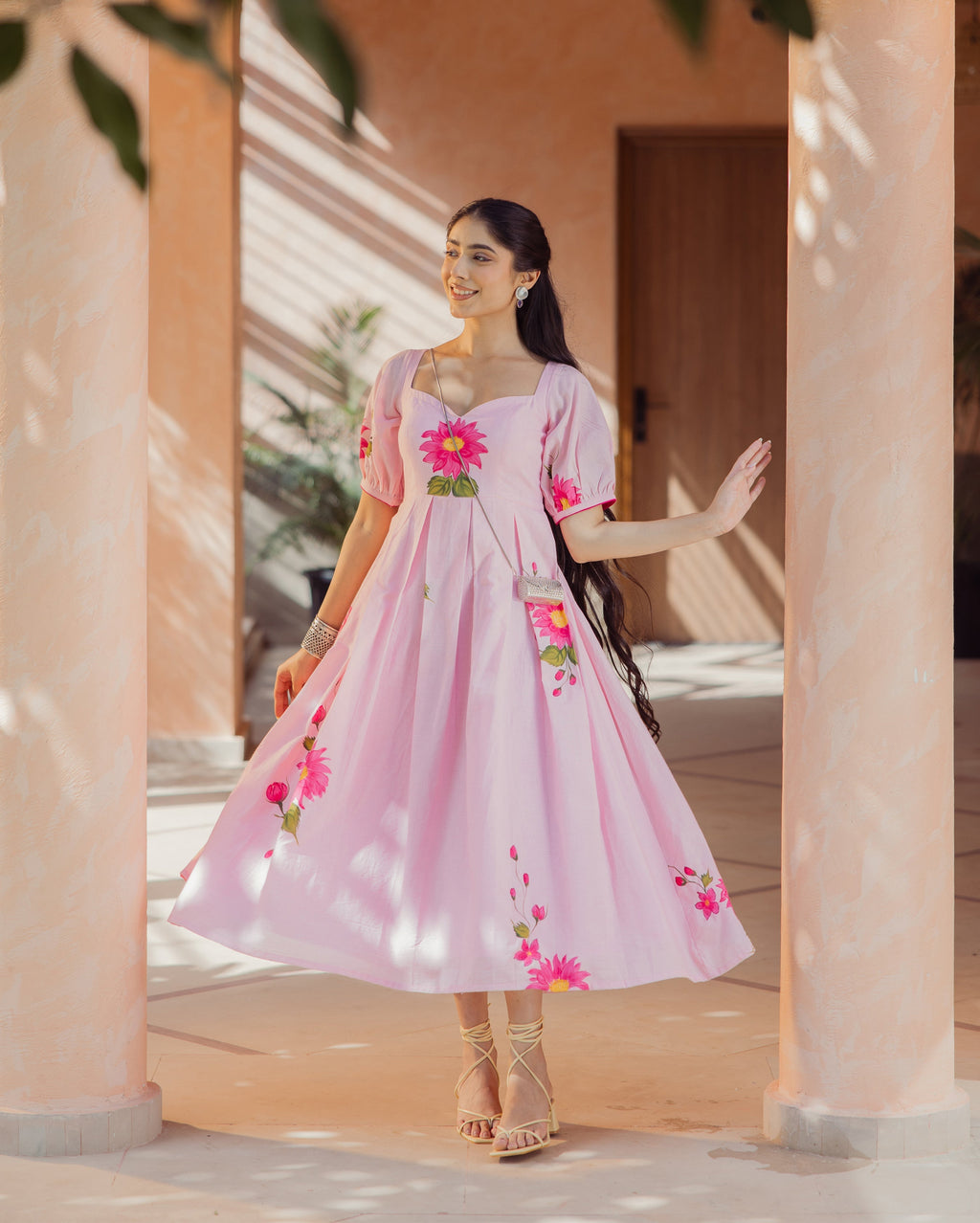 Flora Fable Pink Handpainted Cotton Dress