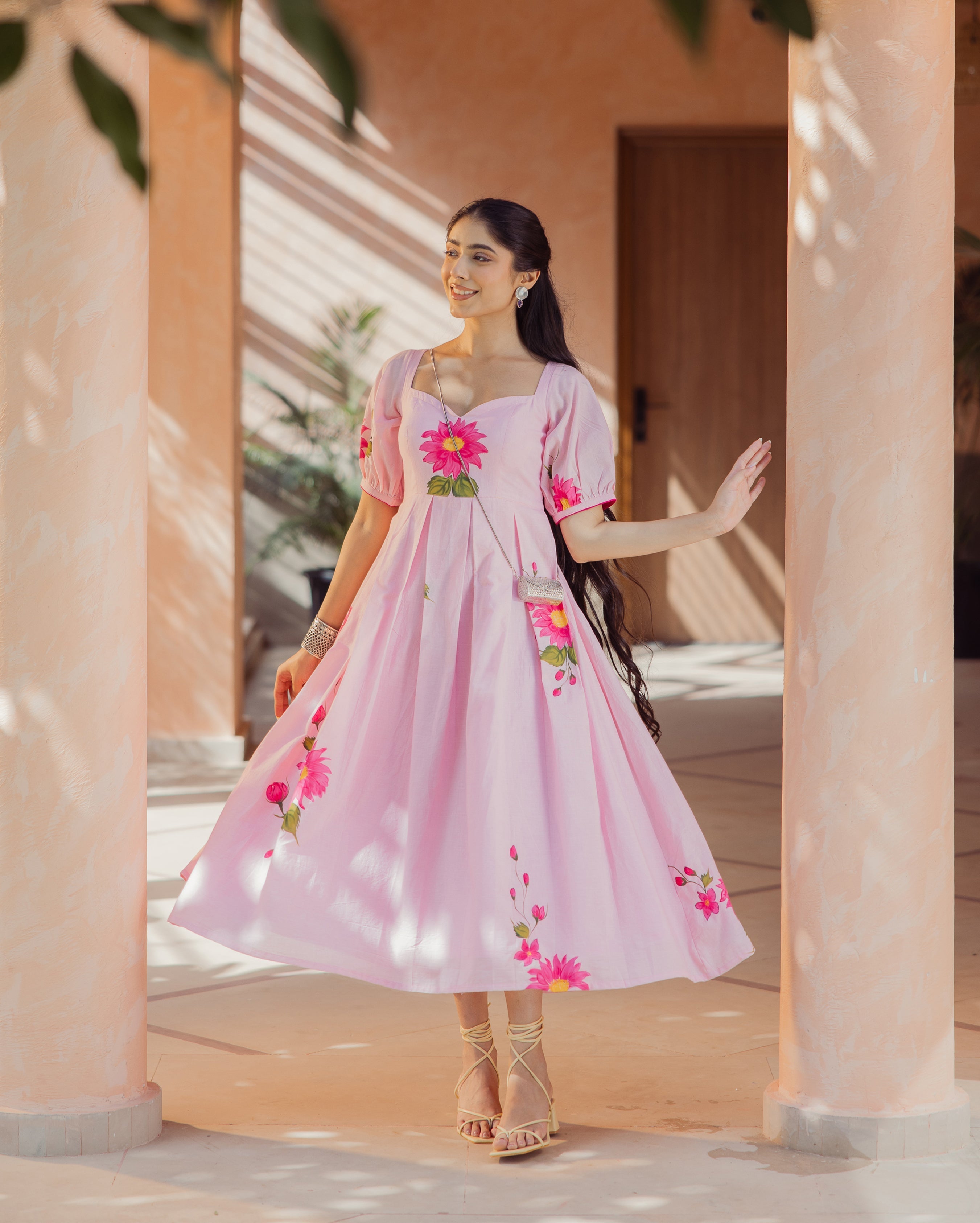 Flora Fable Pink Handpainted Cotton Dress