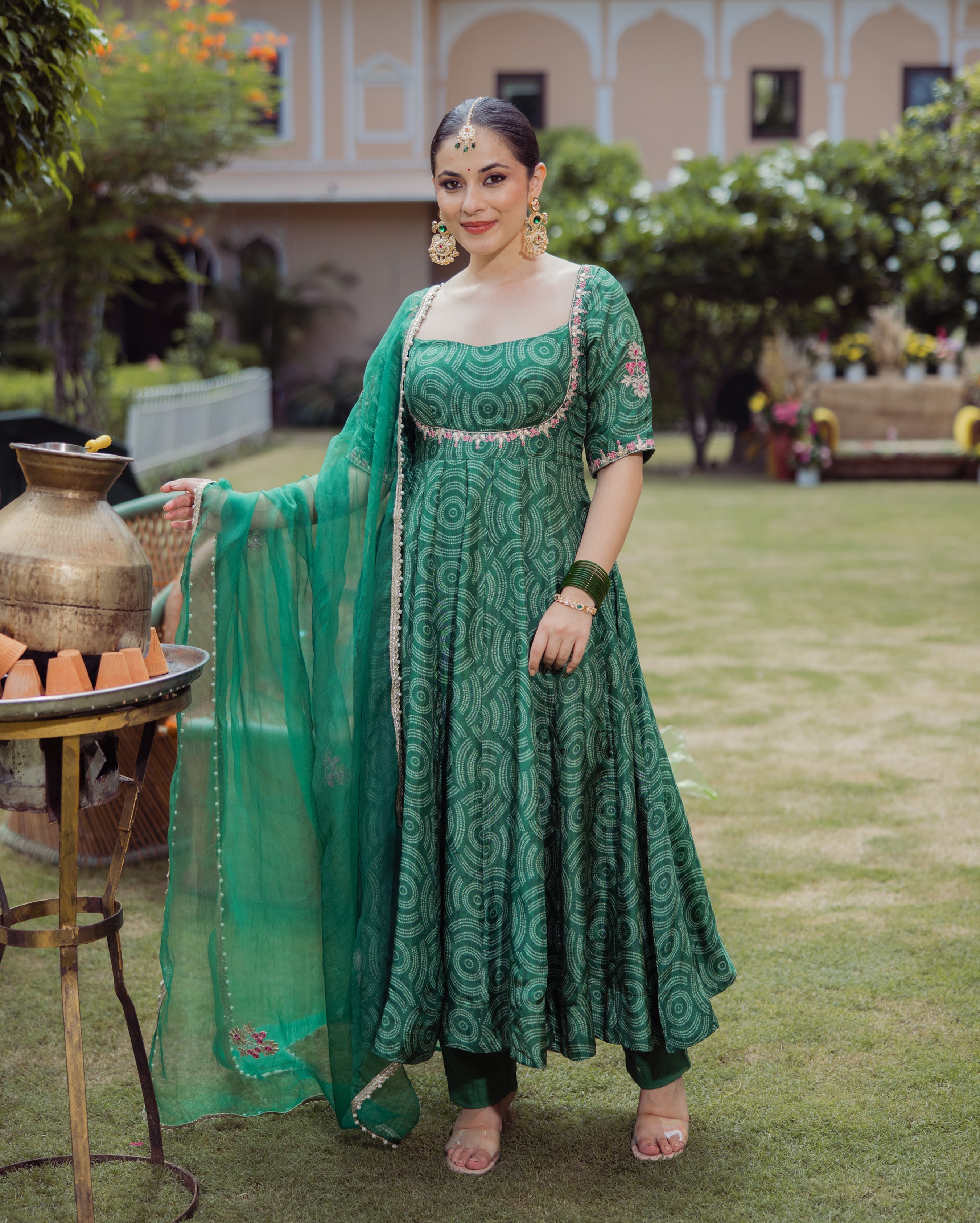 Veer Dark Green Bandhani Chanderi Suit Set