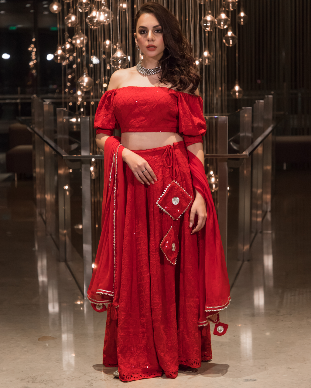Red Chikankari Gotapatti Lehenga Set