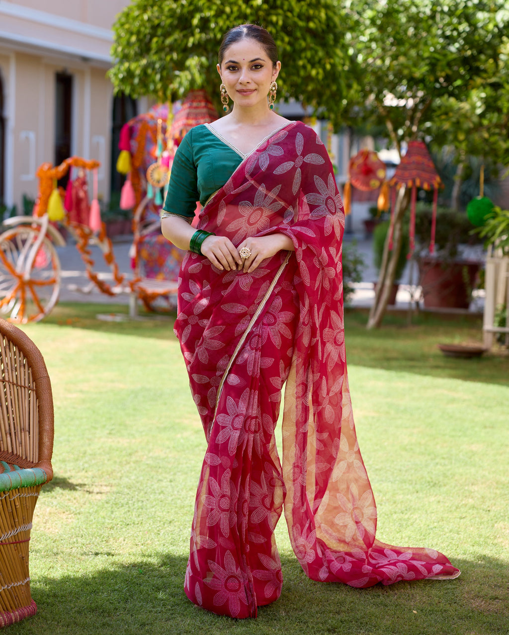 Mugdha Pink Bandhani Organza Saree