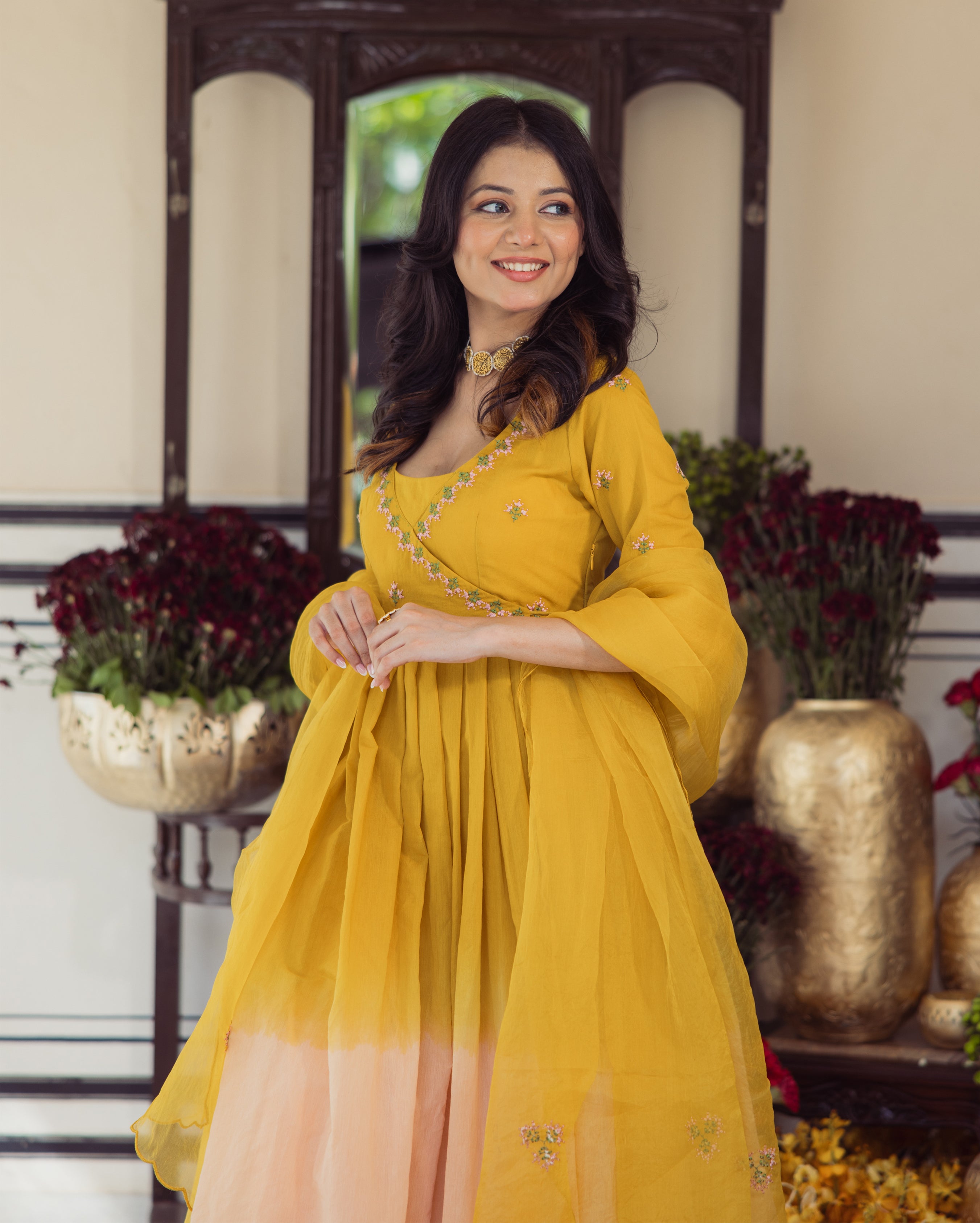 Sunny Mustard Ombre Embroidered Chanderi Suit Set