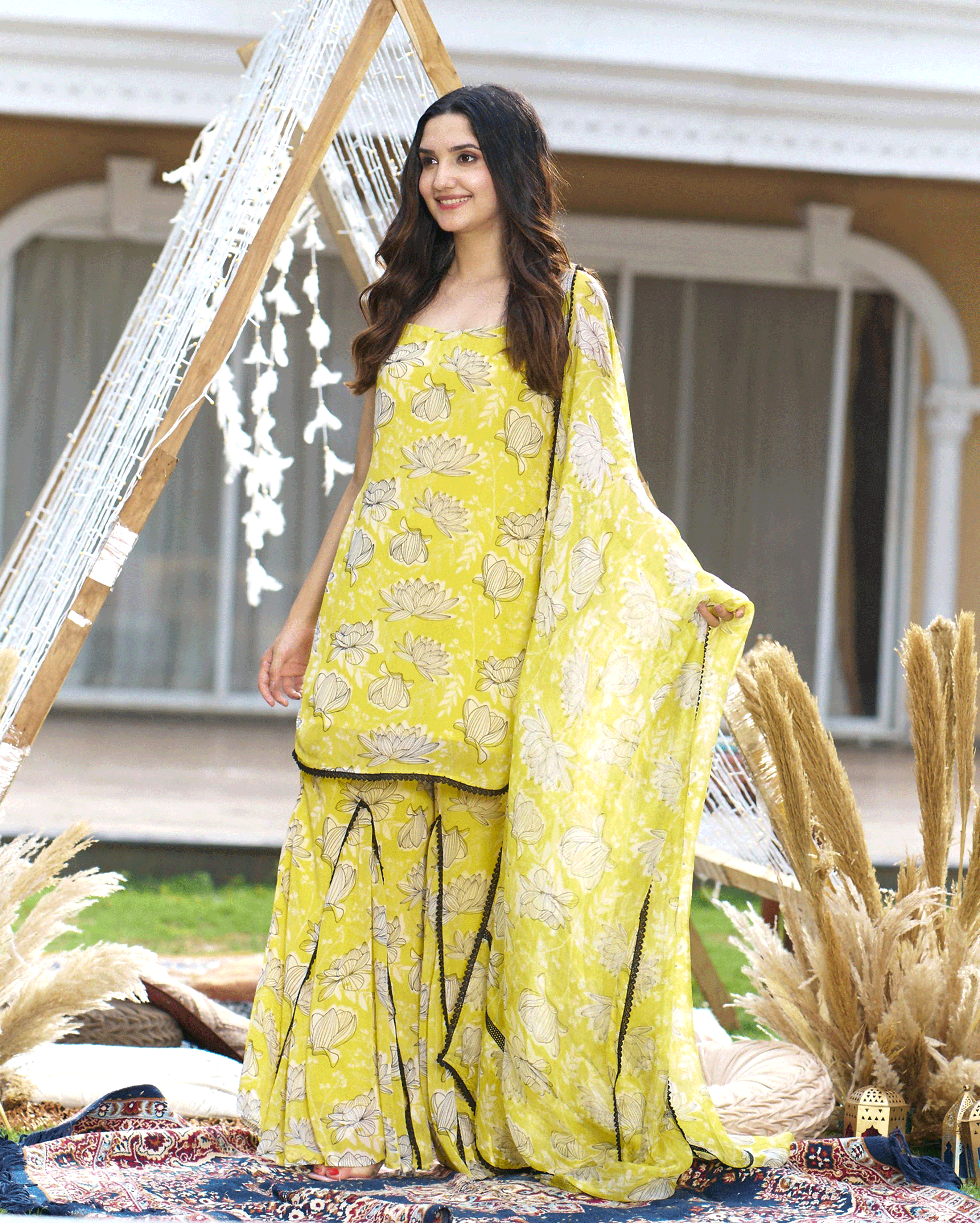 Emin Yellow Printed Georgette Sharara Set