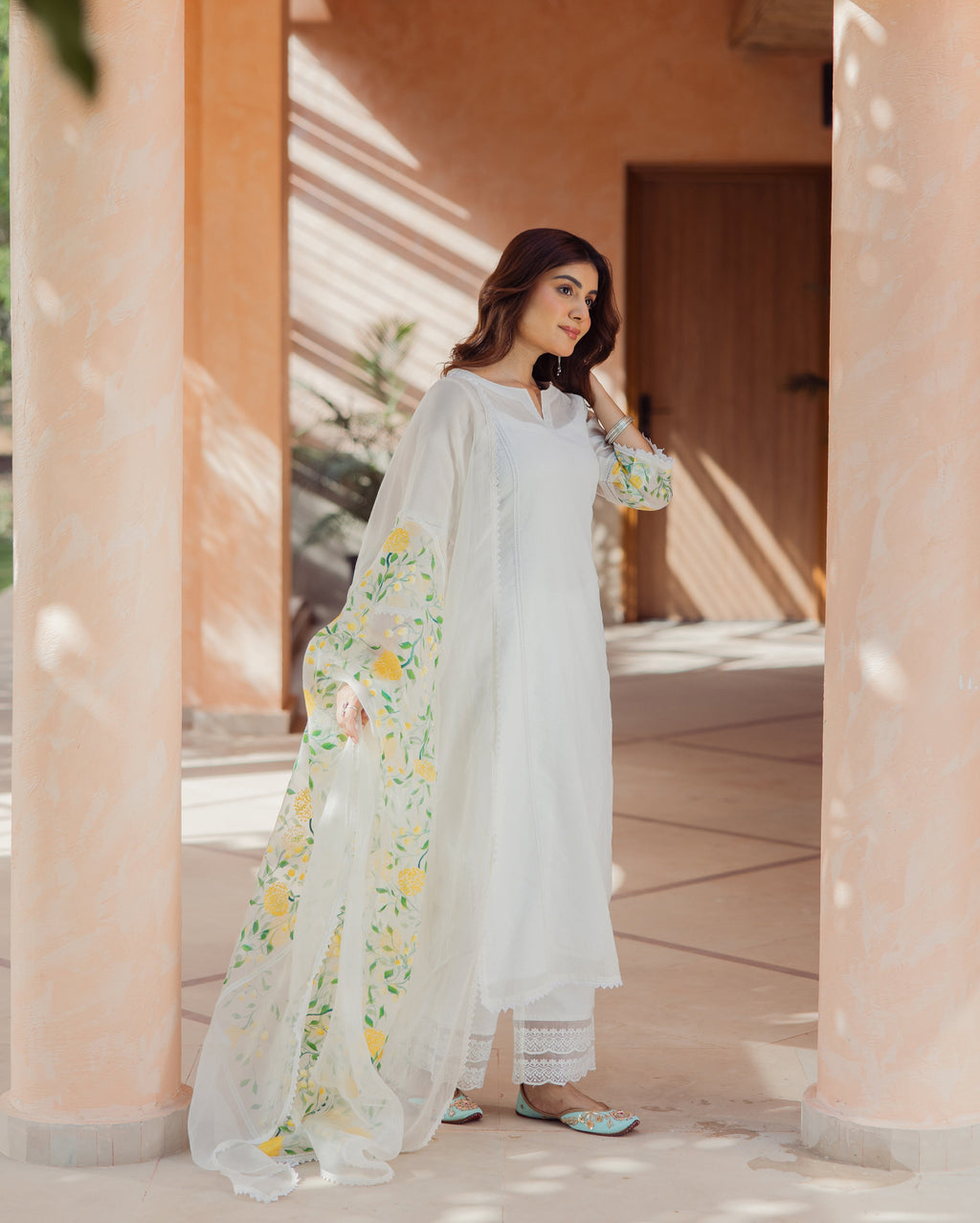 Swirl Off White Handpainted Chanderi Suit Set