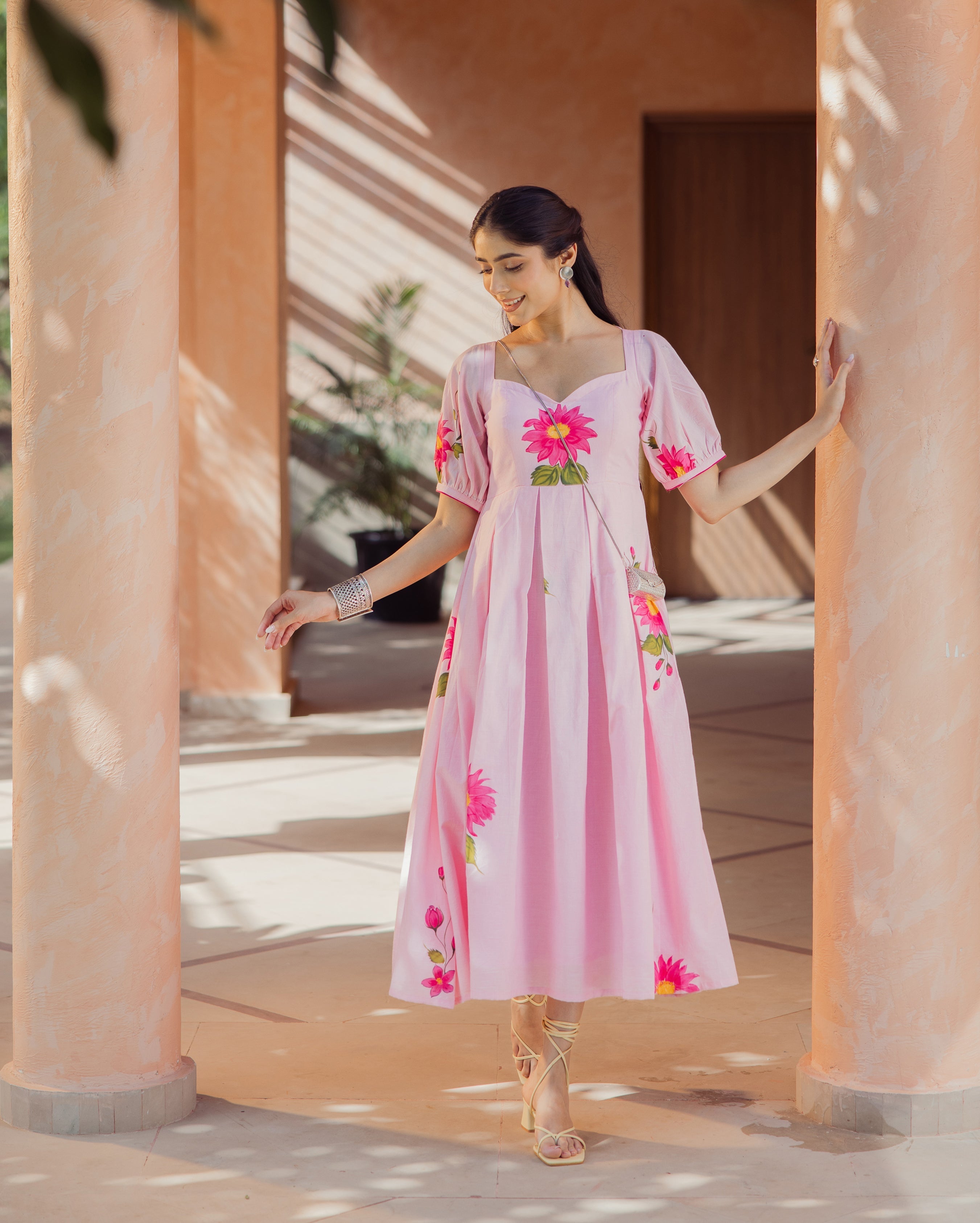 Flora Fable Pink Handpainted Cotton Dress