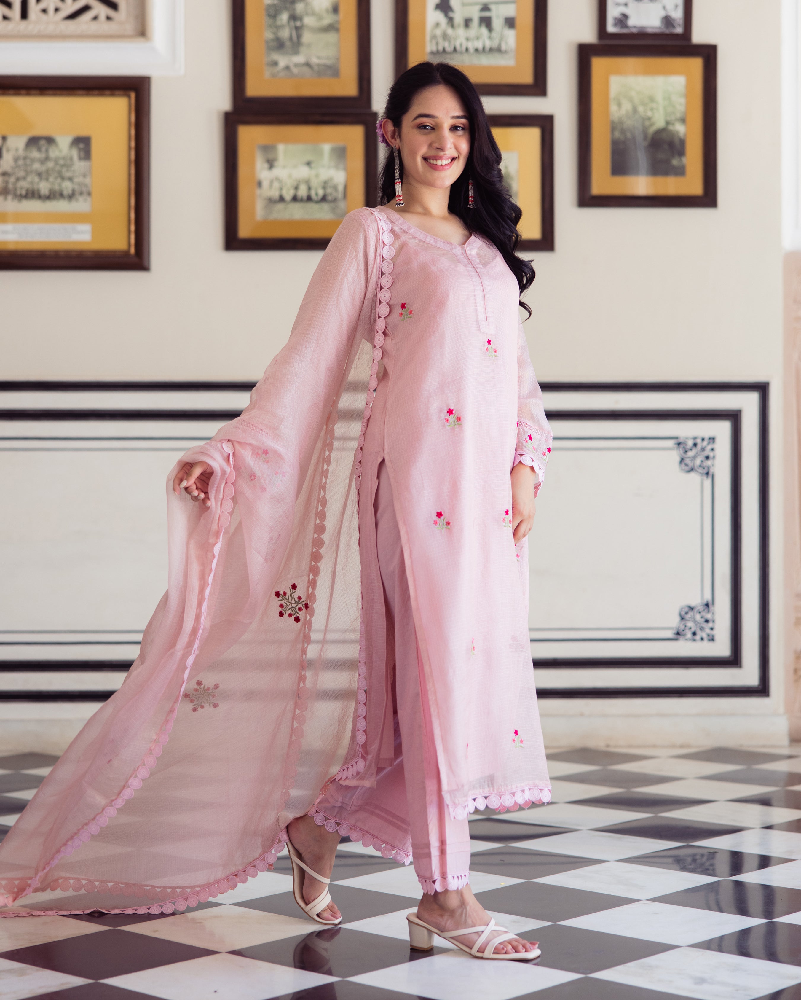 Flashy Pink Embroidered Doria Suit Set
