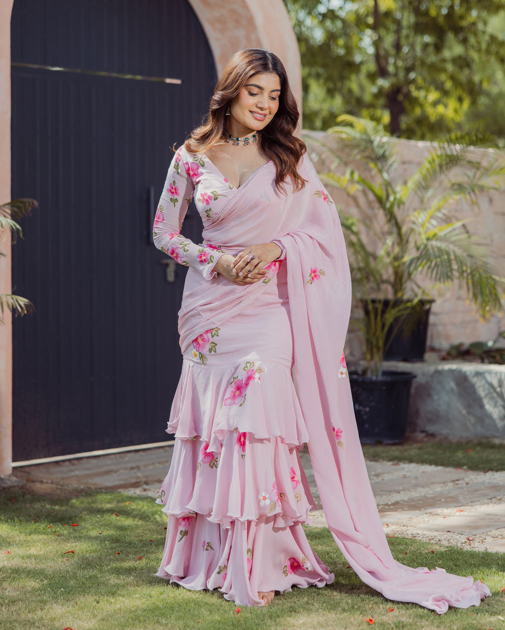 Bloom Pink Handpainted Chinon Pre draped Saree