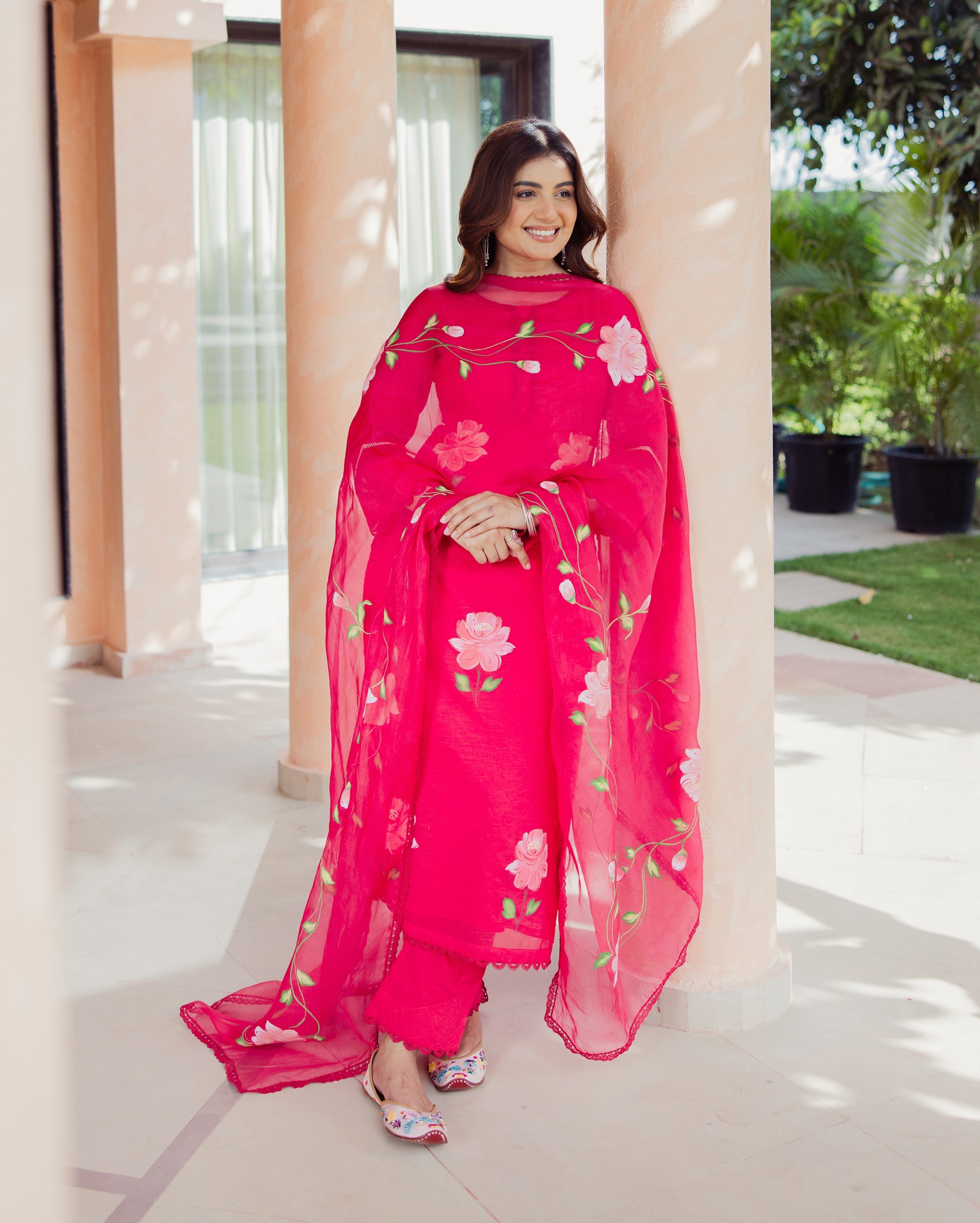 Meadow Magenta Handpainted Chanderi Suit Set