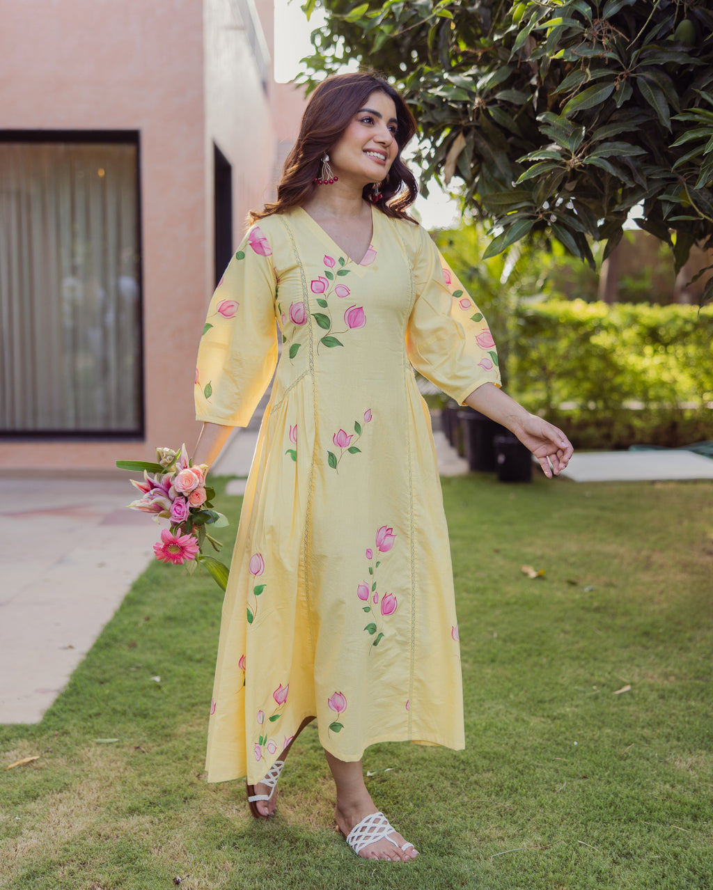 Kara Bloom Yellow Handpainted Cotton Dress