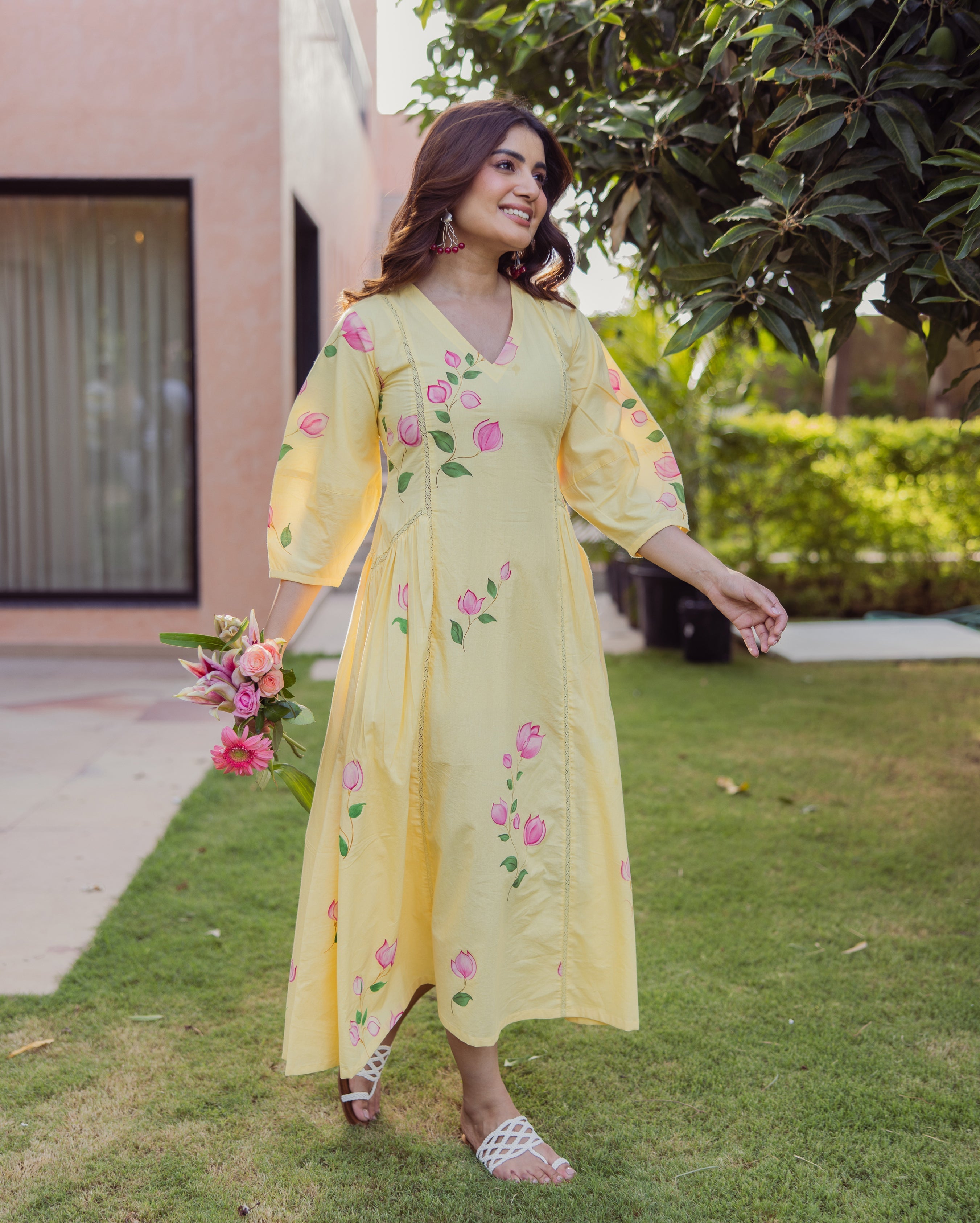 Kara Bloom Yellow Handpainted Cotton Dress