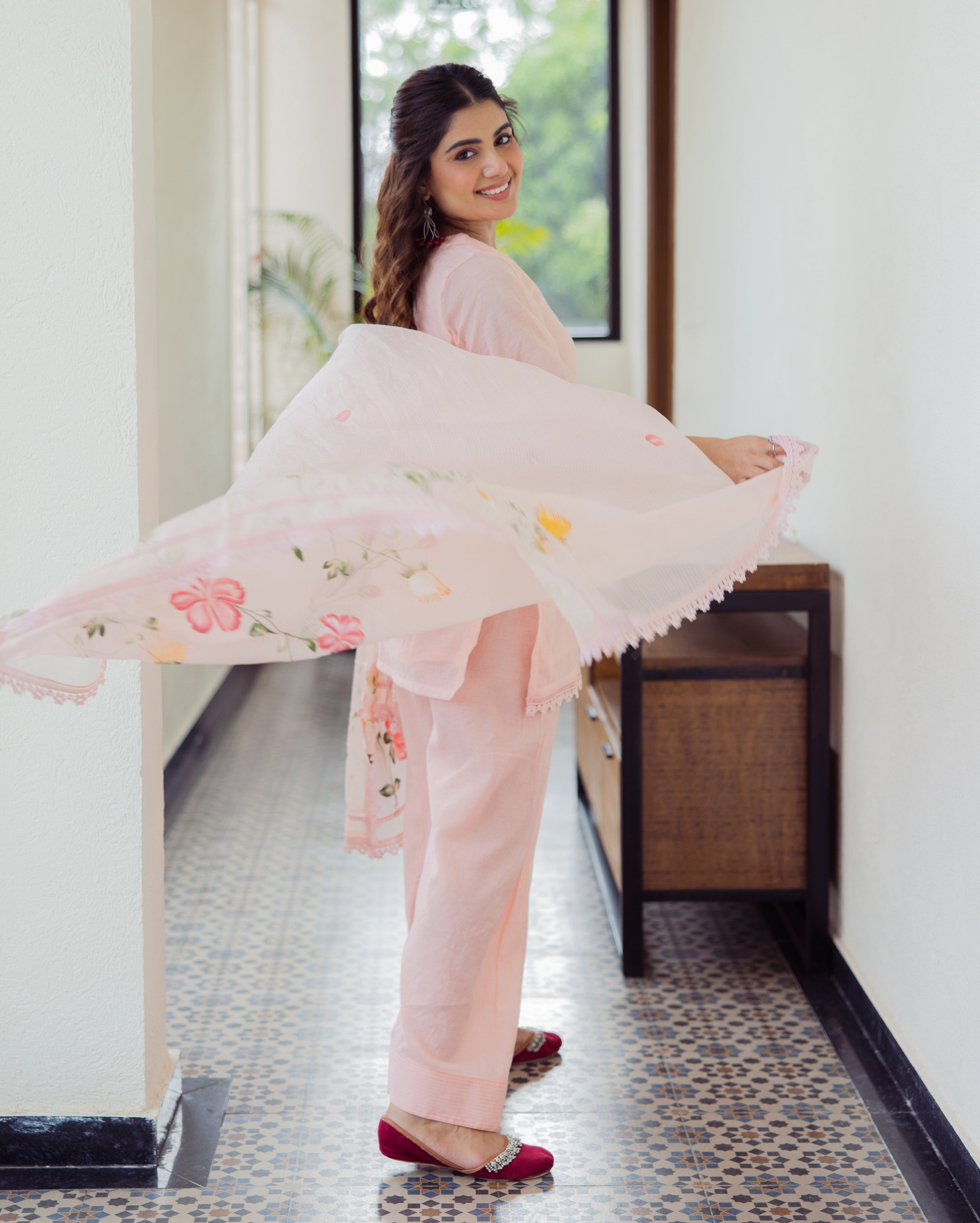 Milky Peach Handpainted Cotton Suit Set