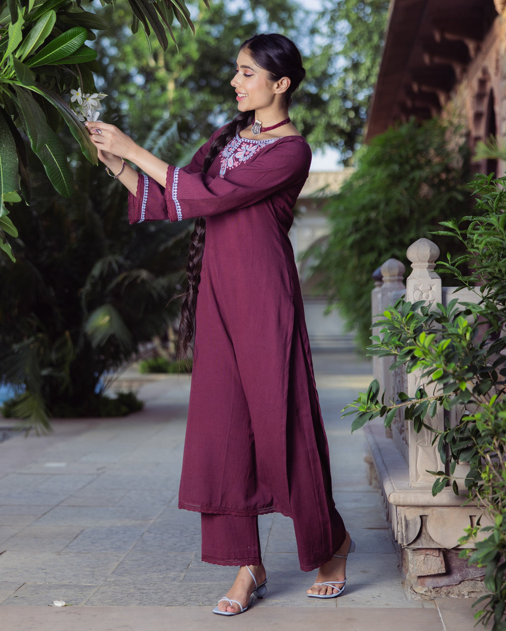 Chic Brown Embroidered Flex Kurta Set