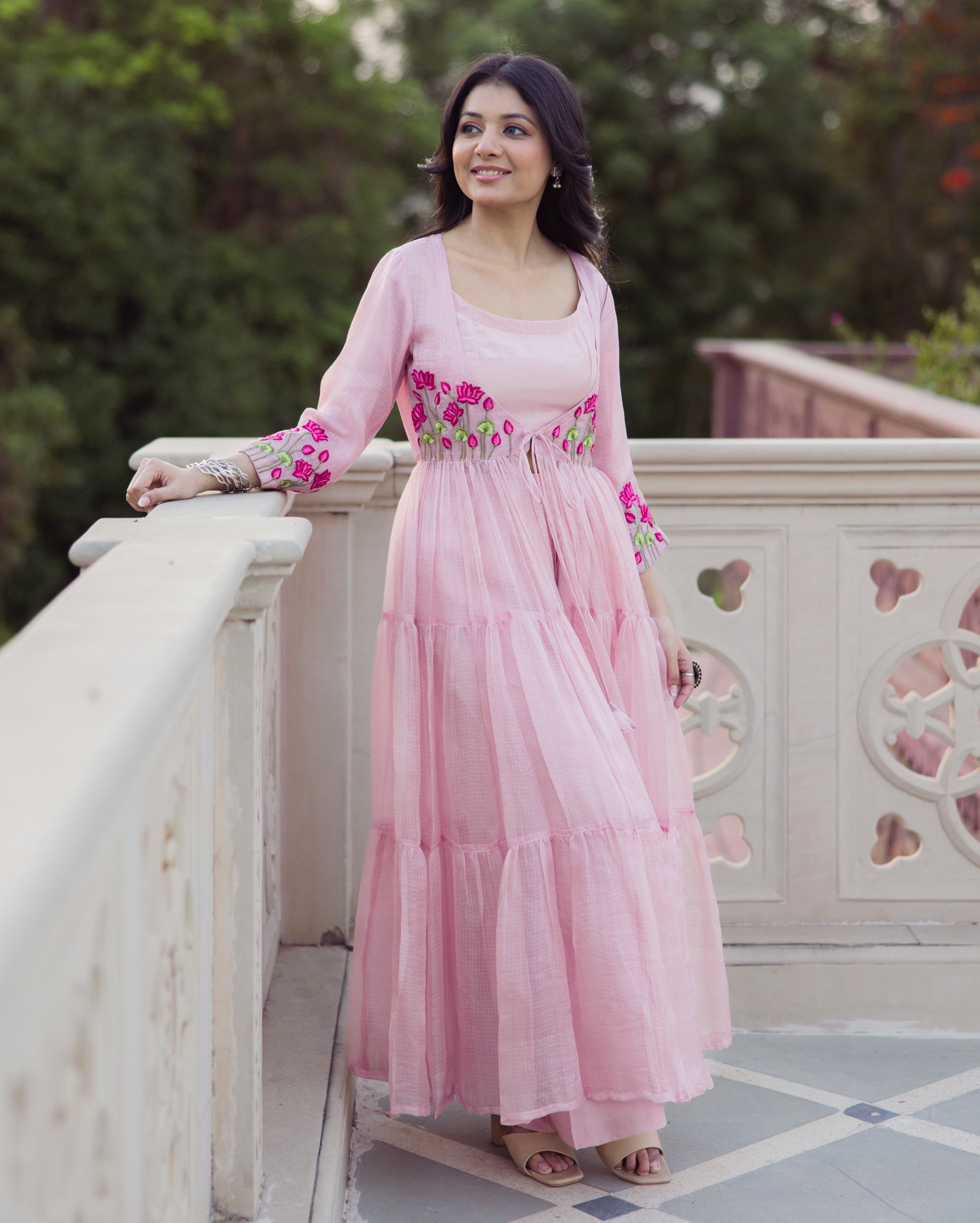 Flowy Pink Embroidered Doria Coord Set