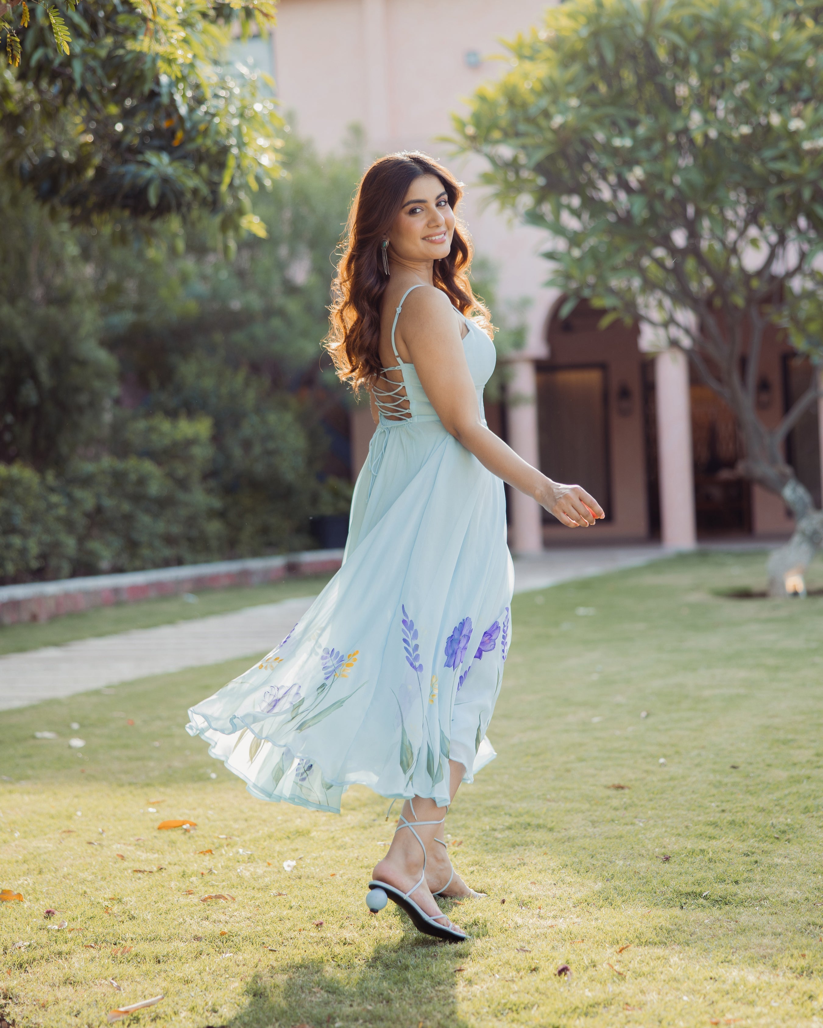 Petal Strokes Blue Handpainted Georgette Dress