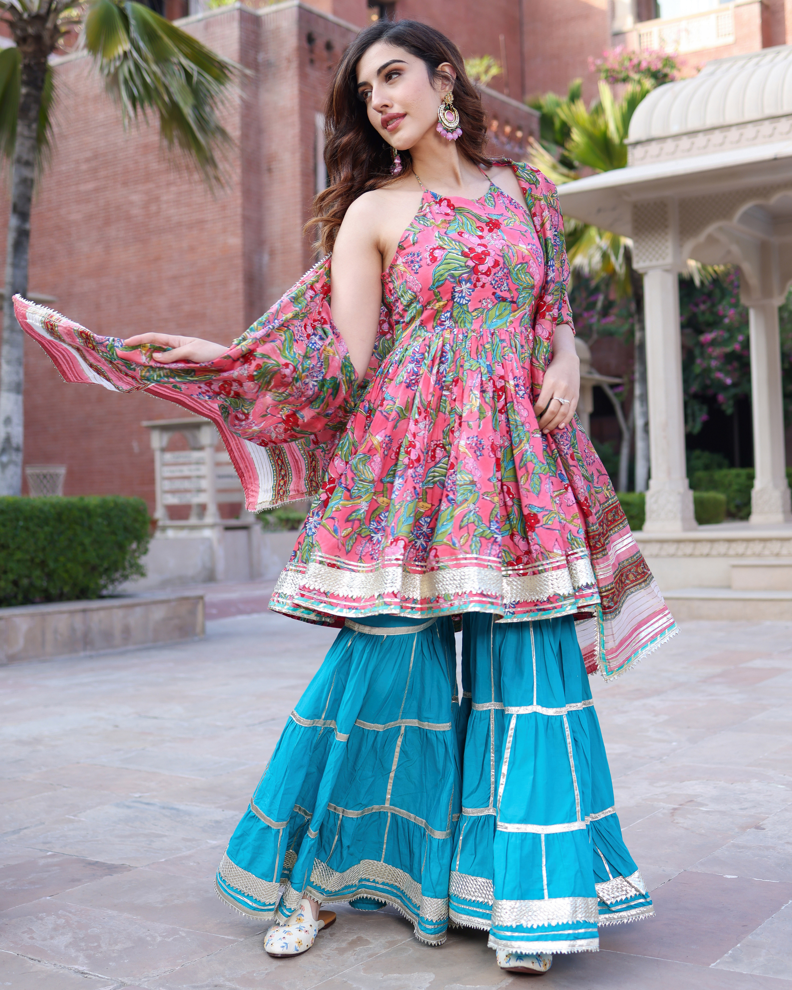 Pink Dolphin Handblock Sharara Set