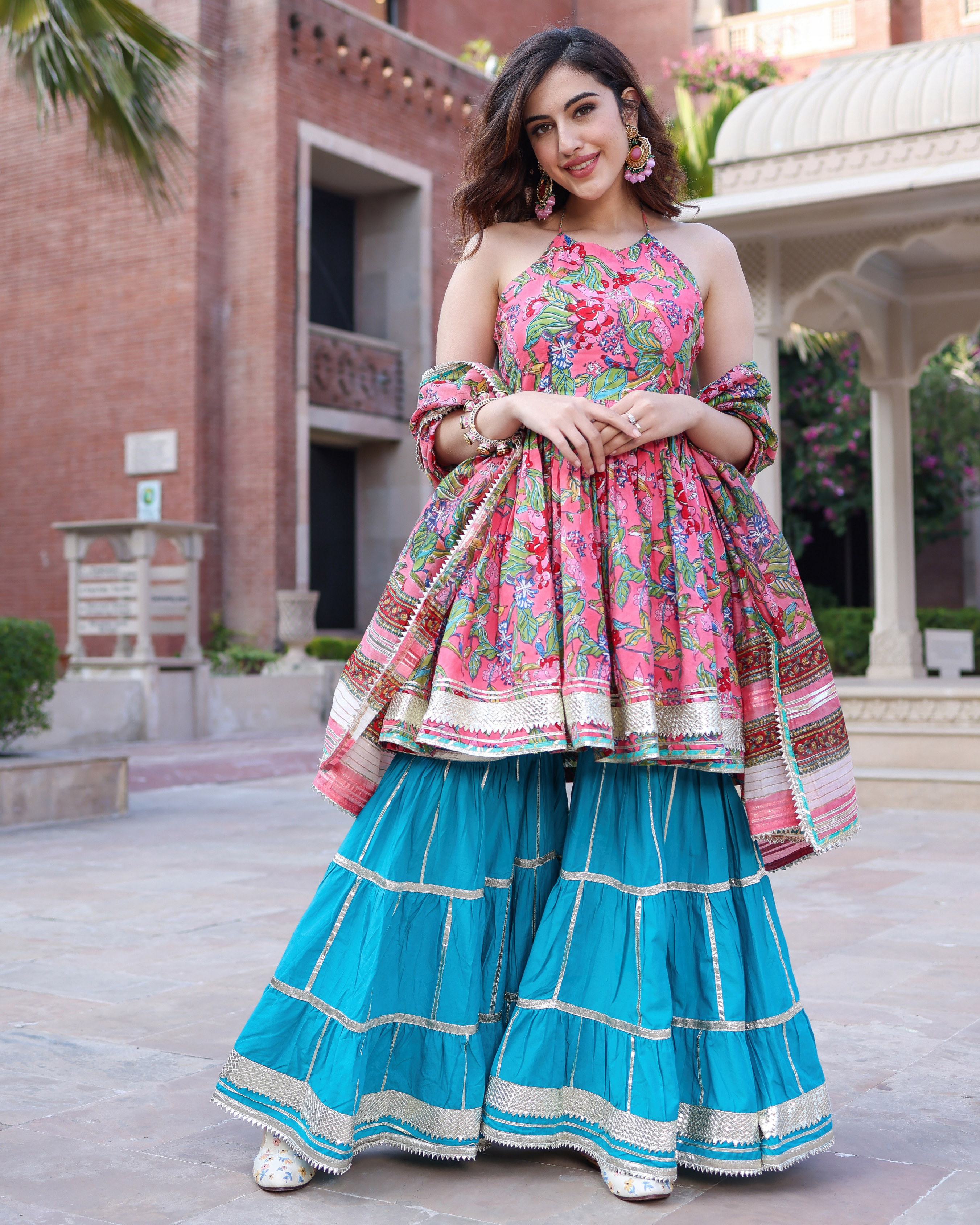Pink Dolphin Handblock Sharara Set