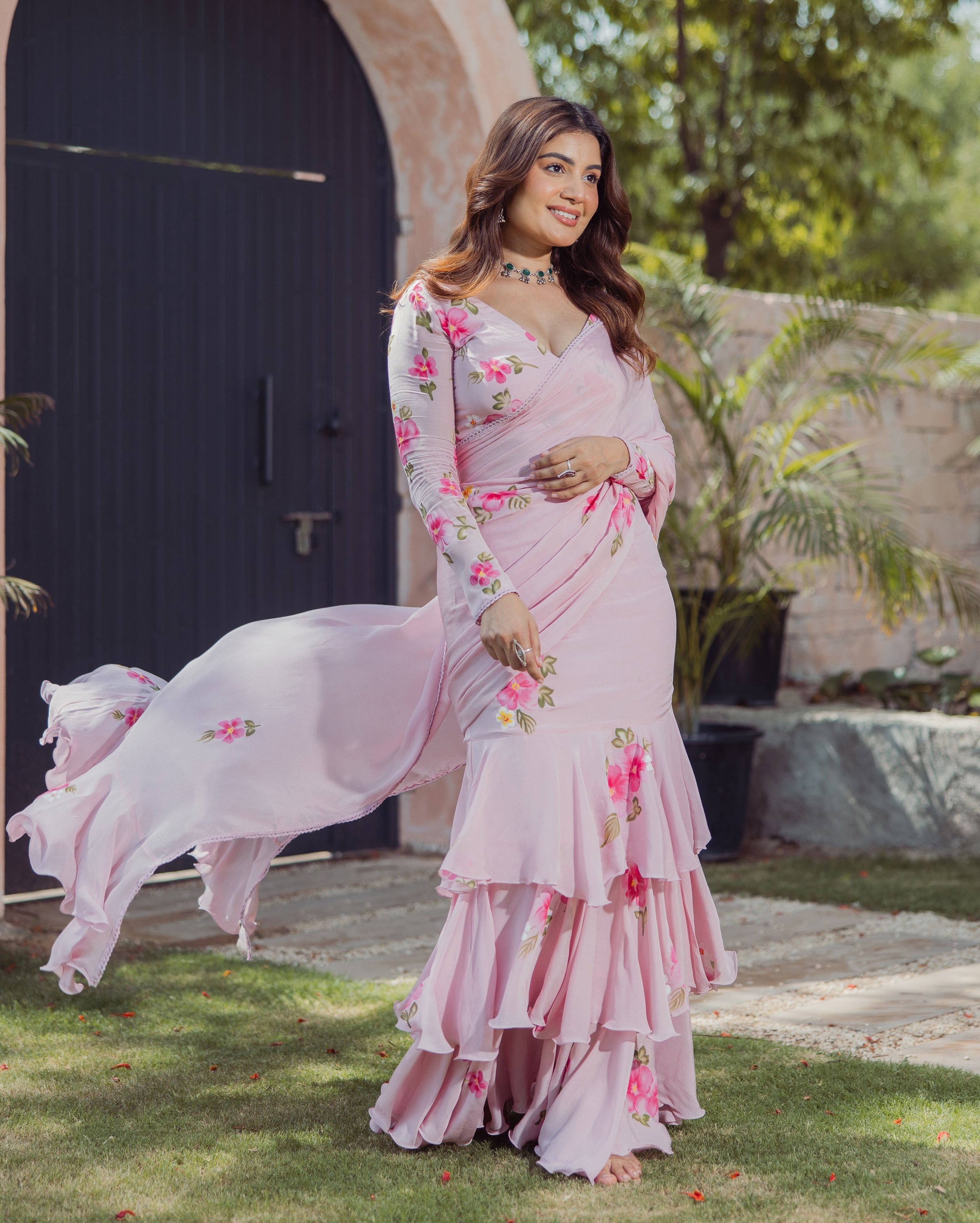 Bloom Pink Handpainted Chinon Pre draped Saree