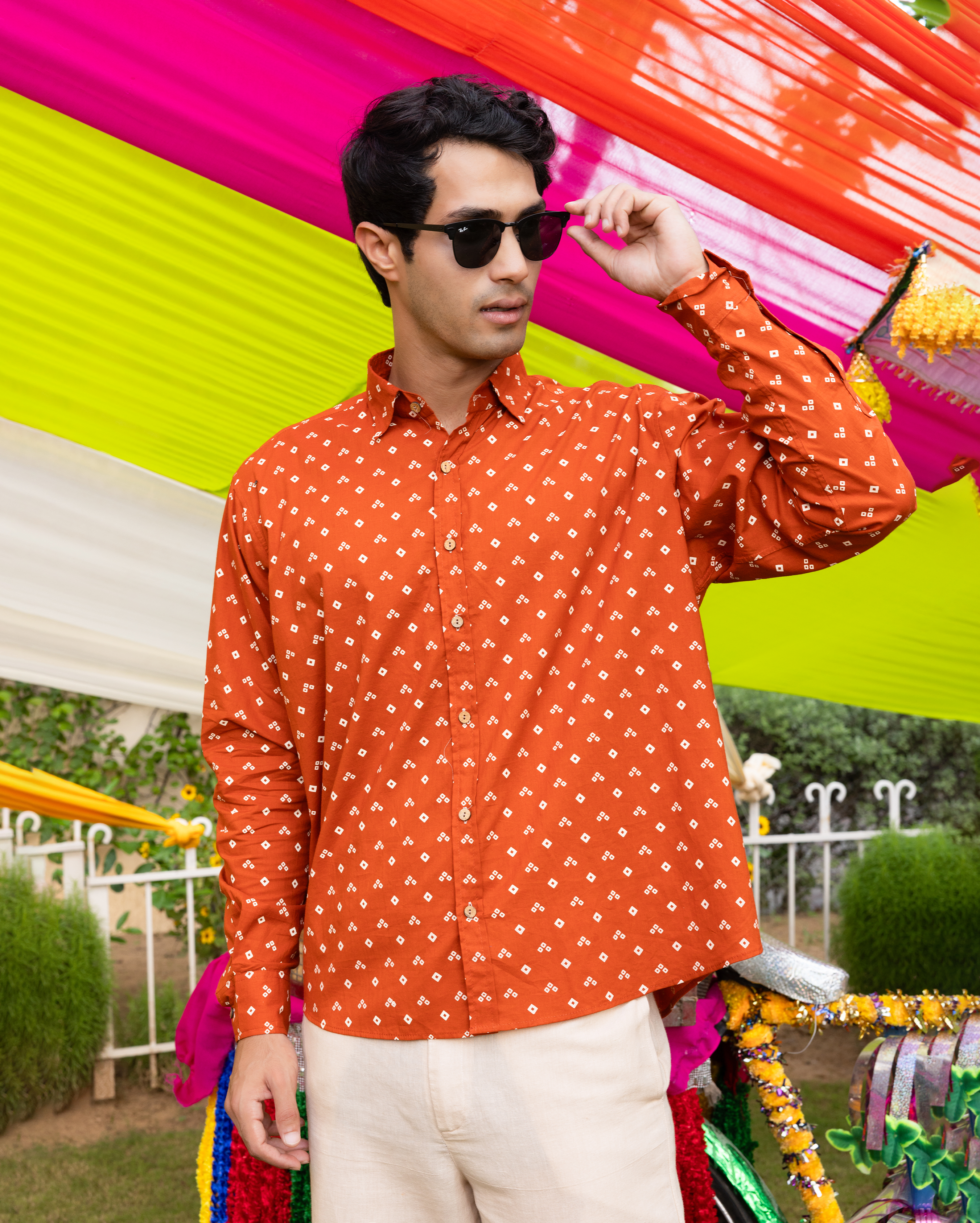 Sharvik Orange Bandhani Cotton Shirt