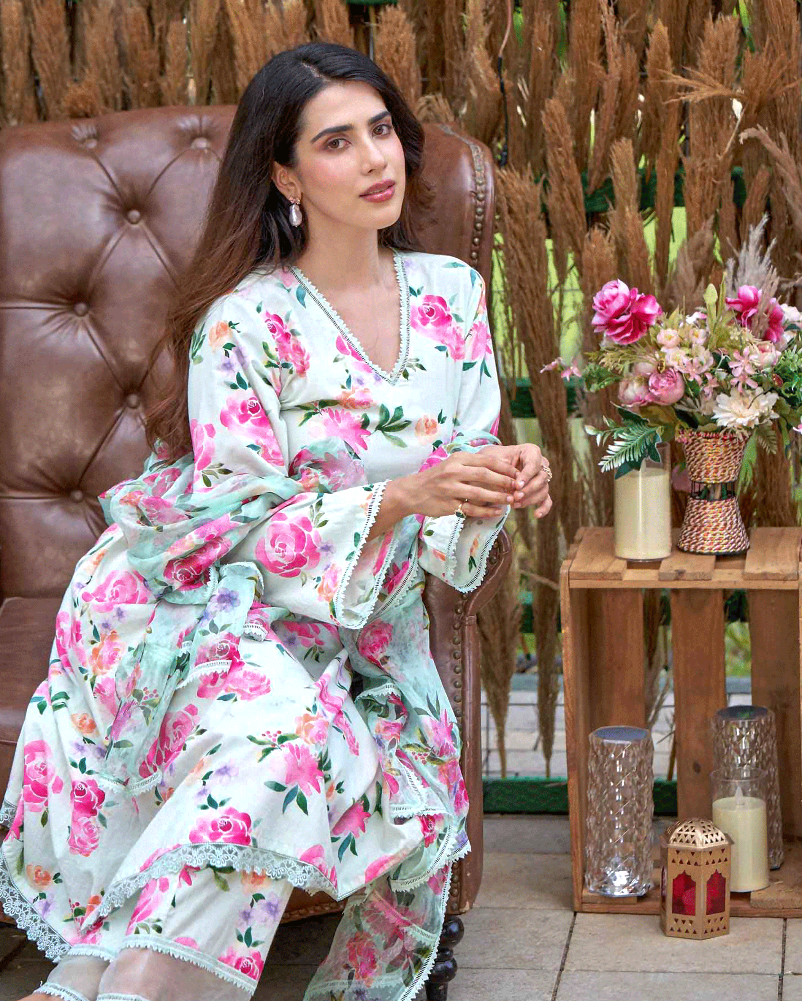Zinnia Green Printed Cotton Suit Set