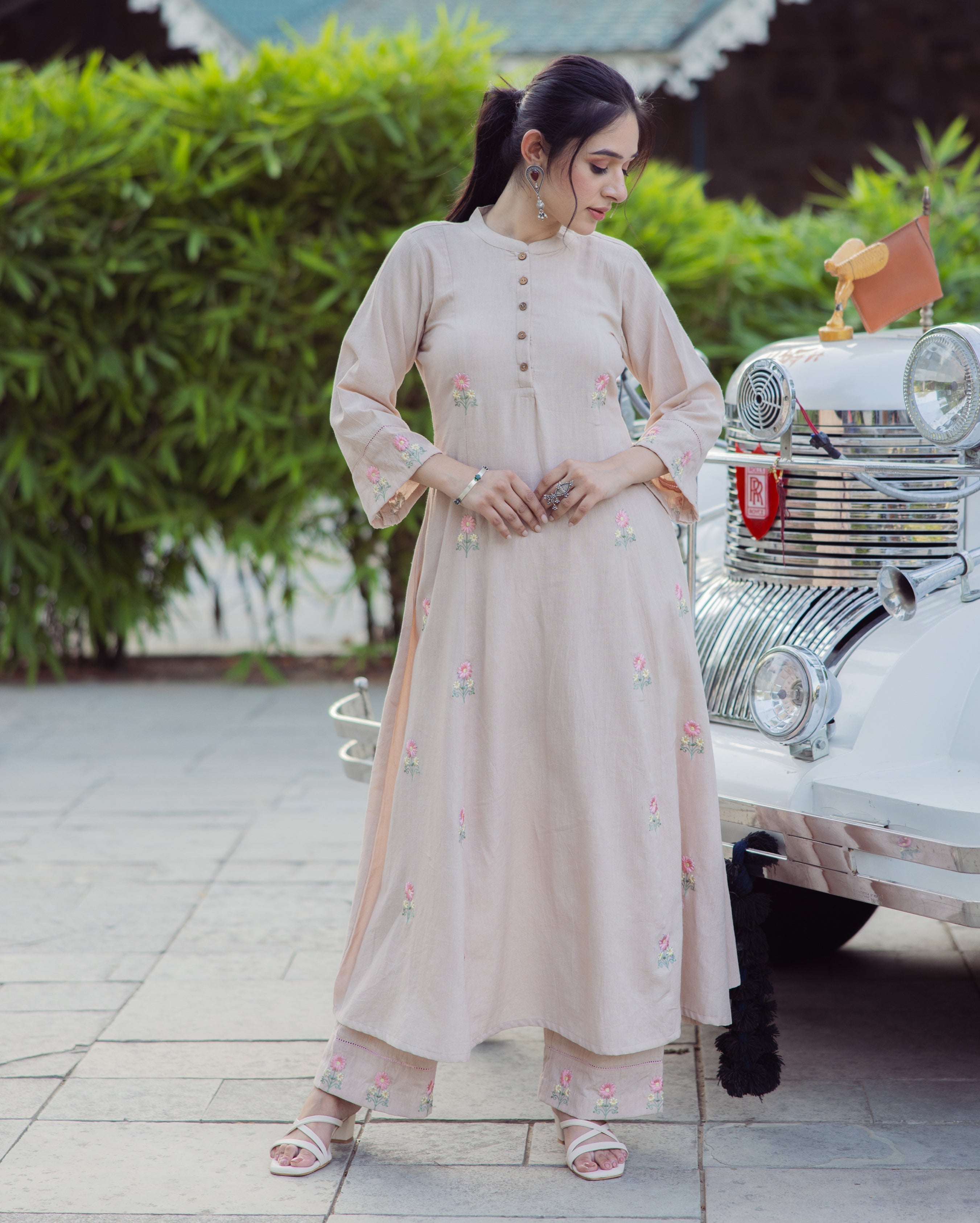 Stick Beige Embroidered Flex Kurta Set