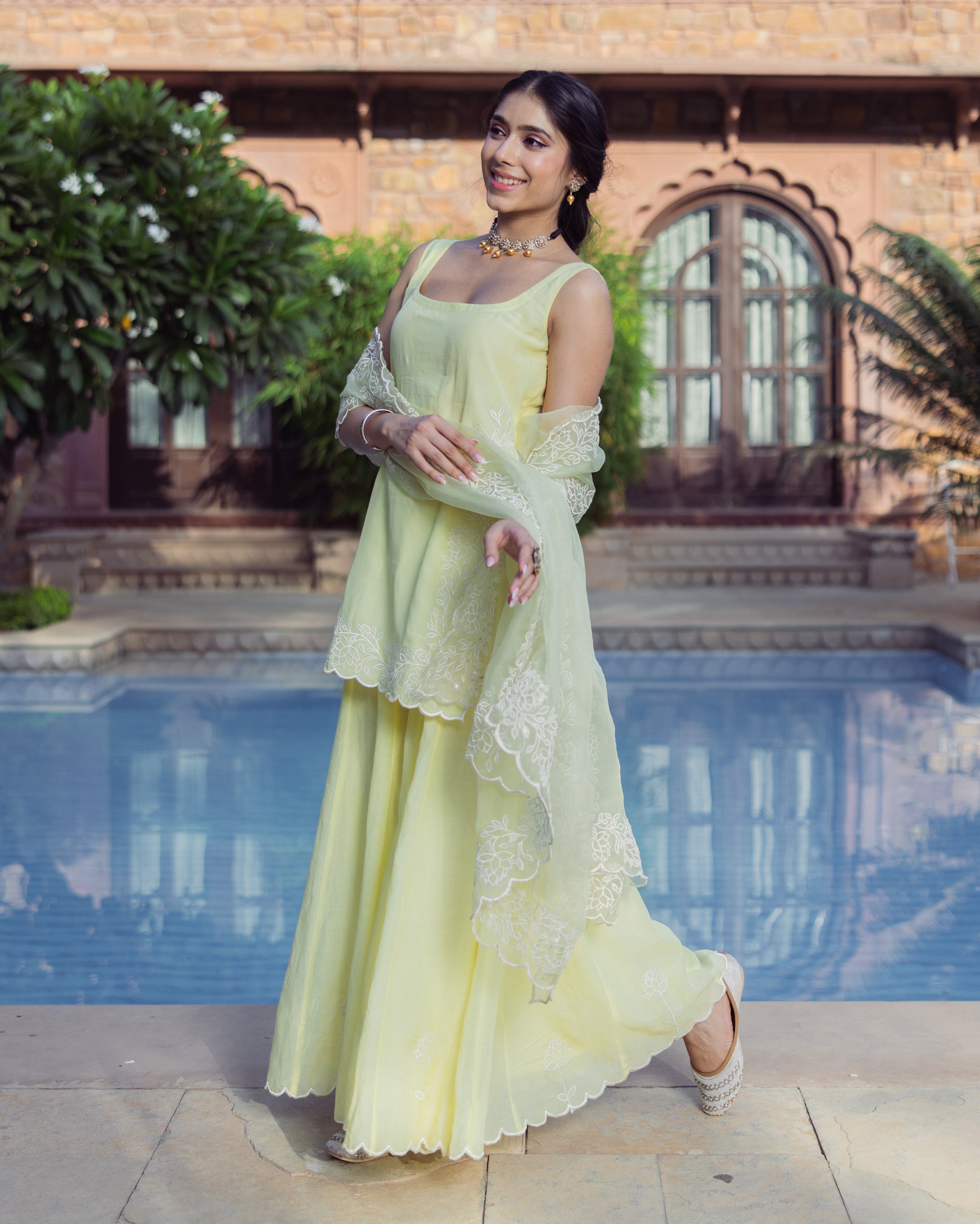 Nazakat Yellow Embroidered Cotton Sharara Set